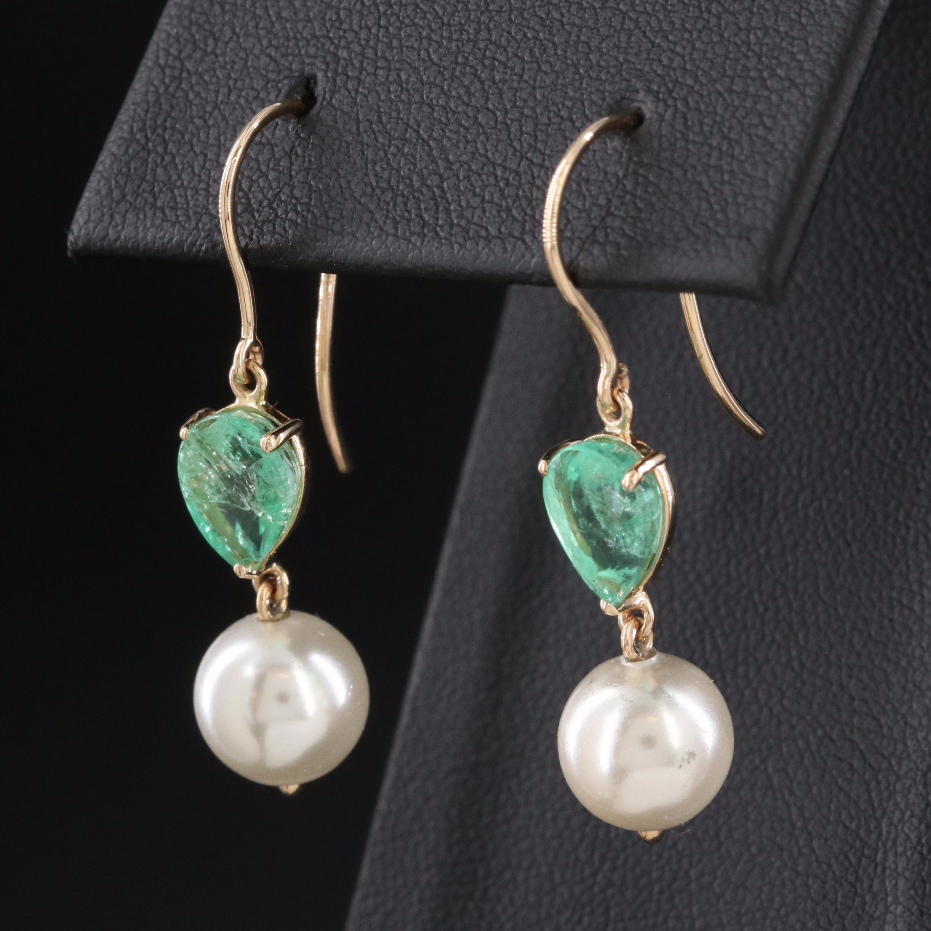 14K Faux Pearl and Emerald Earrings