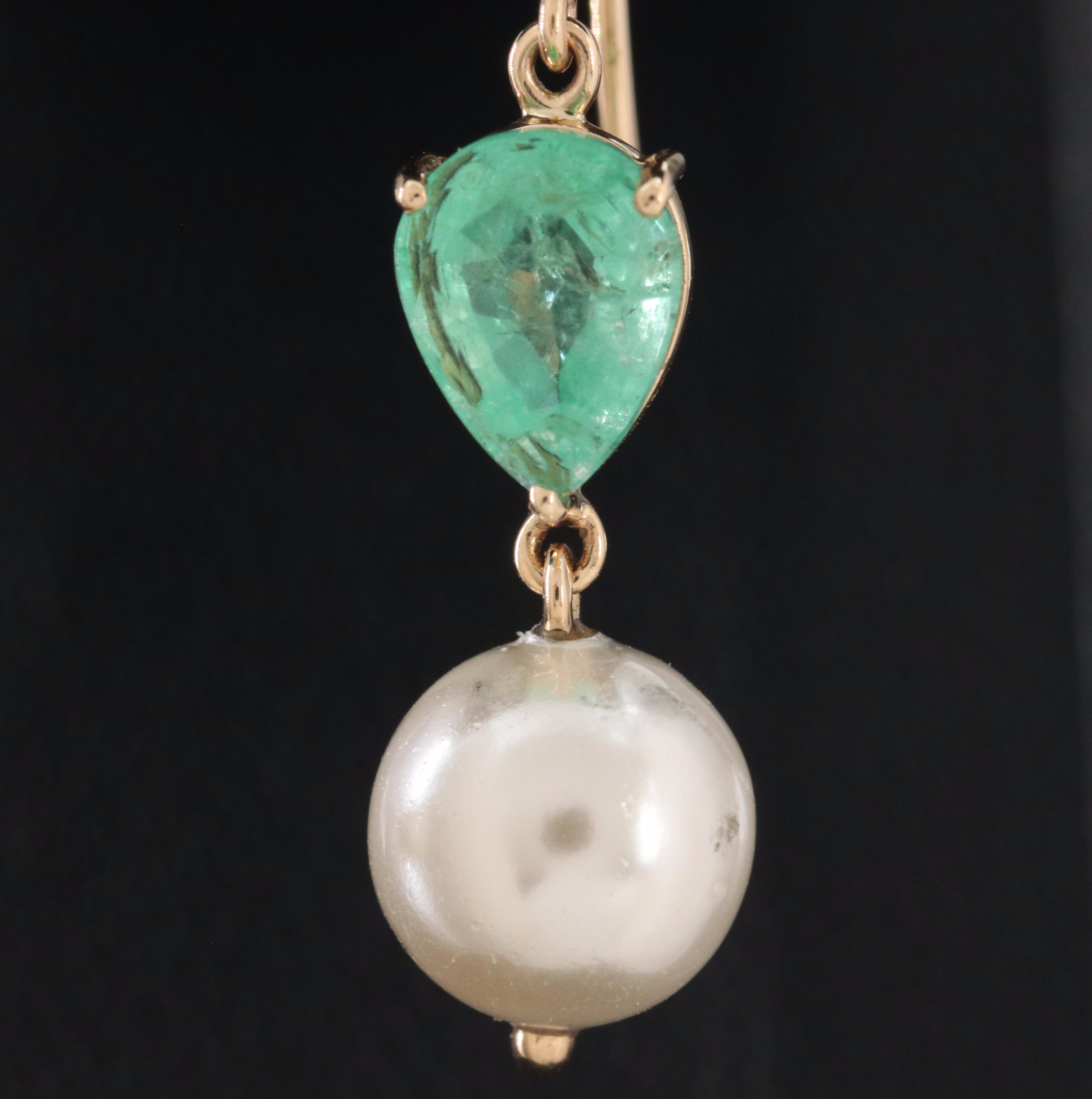 14K Faux Pearl and Emerald Earrings