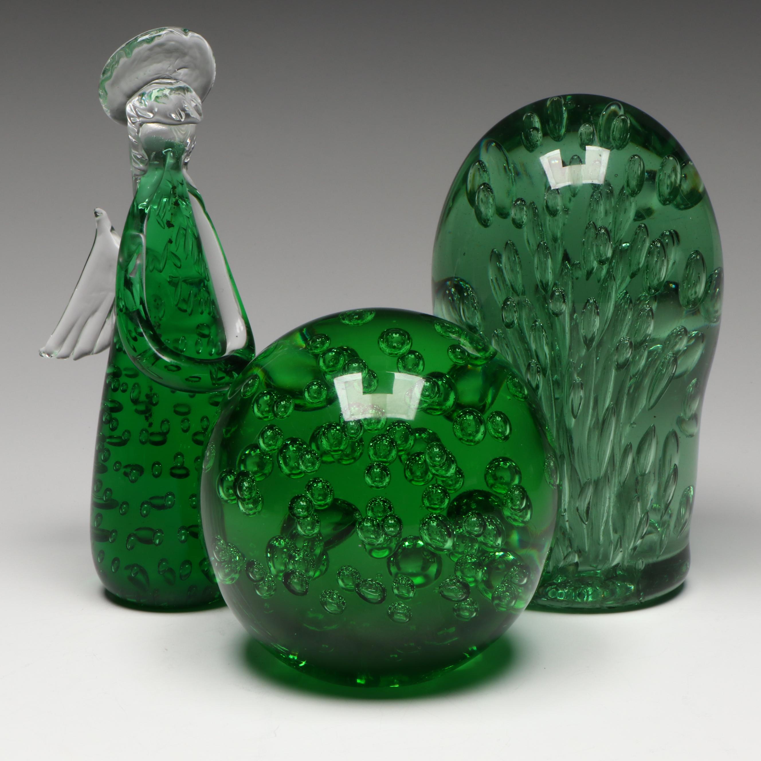 Green Glass Angel Figurine and Orbs