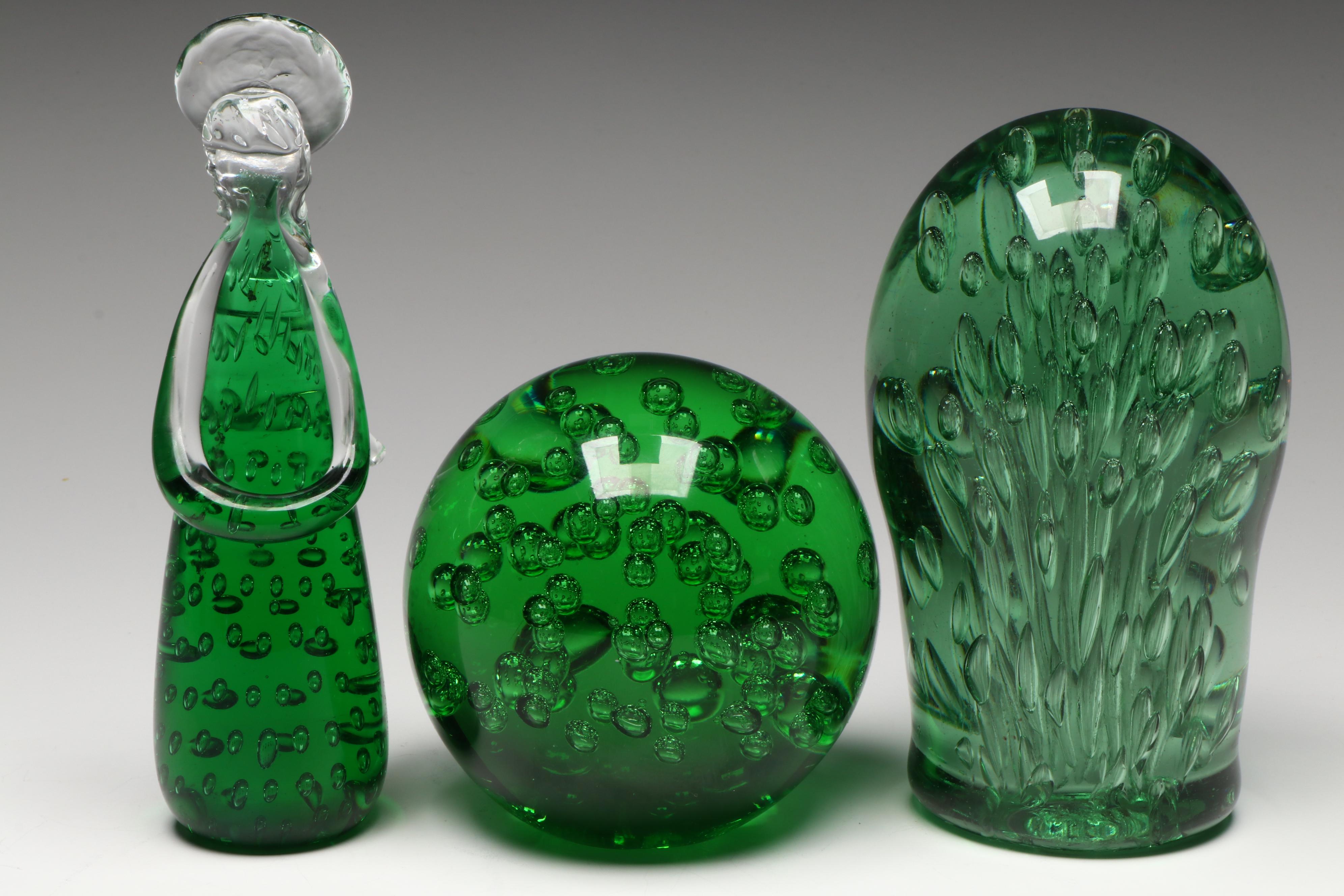 Green Glass Angel Figurine and Orbs