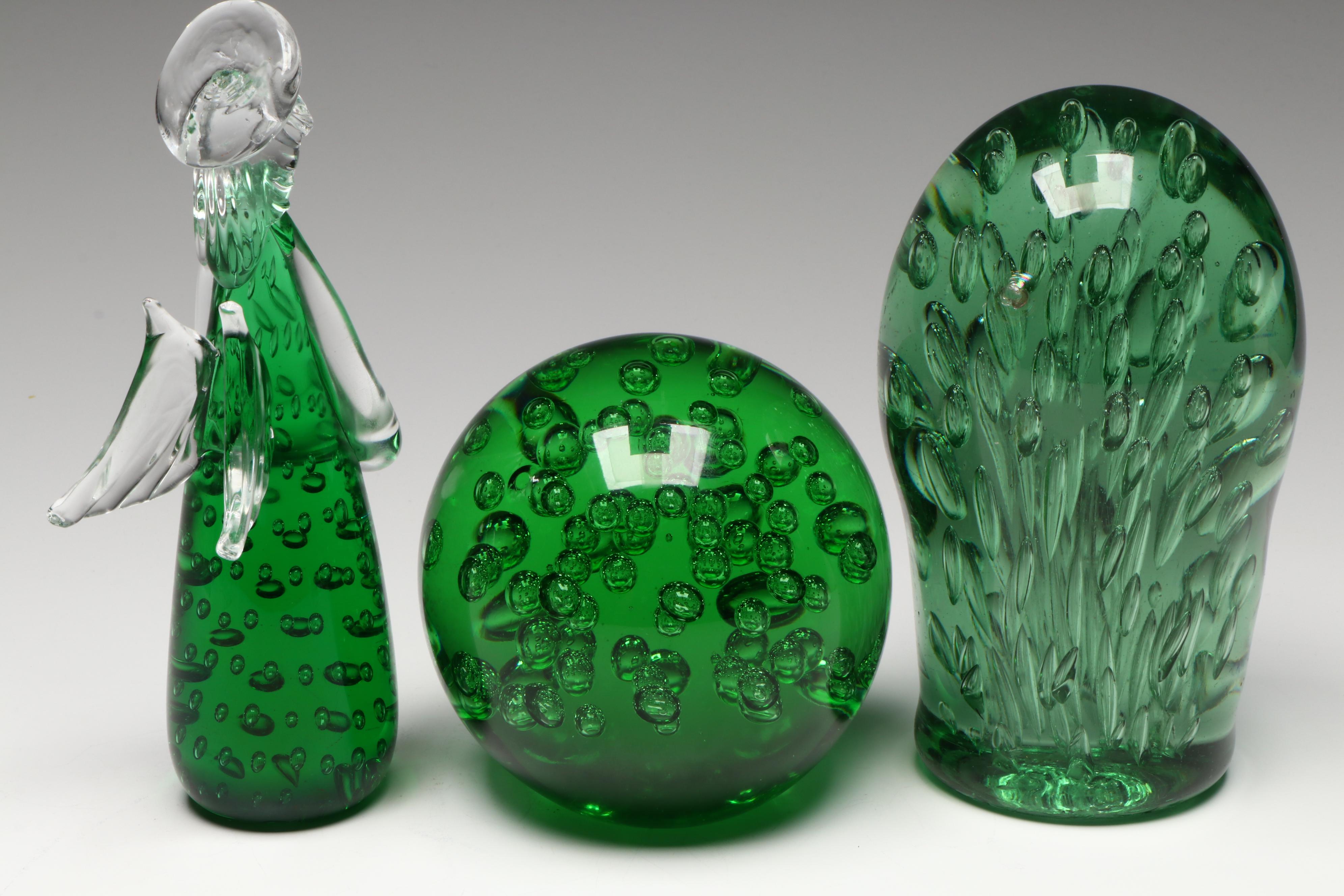 Green Glass Angel Figurine and Orbs