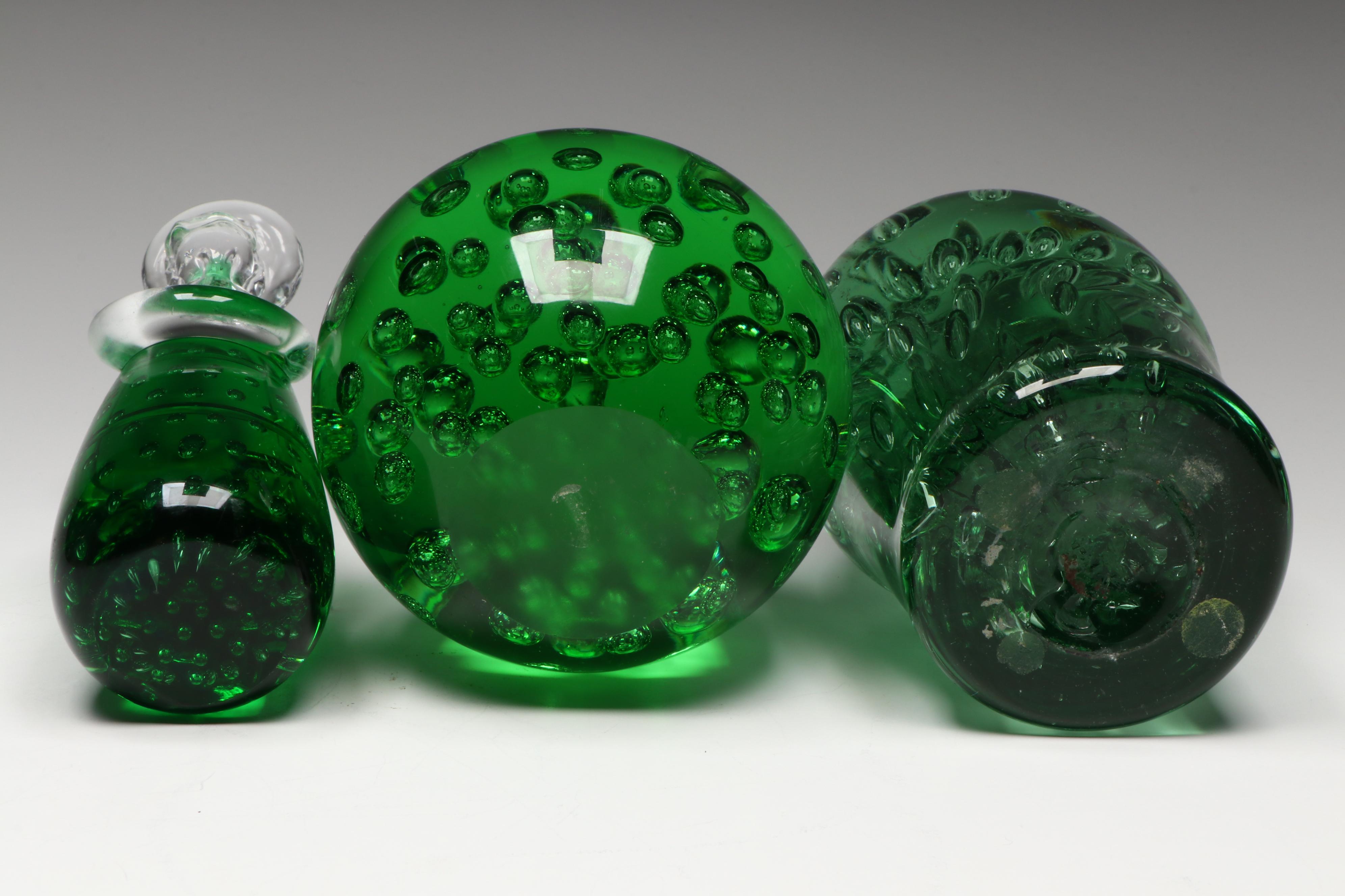 Green Glass Angel Figurine and Orbs