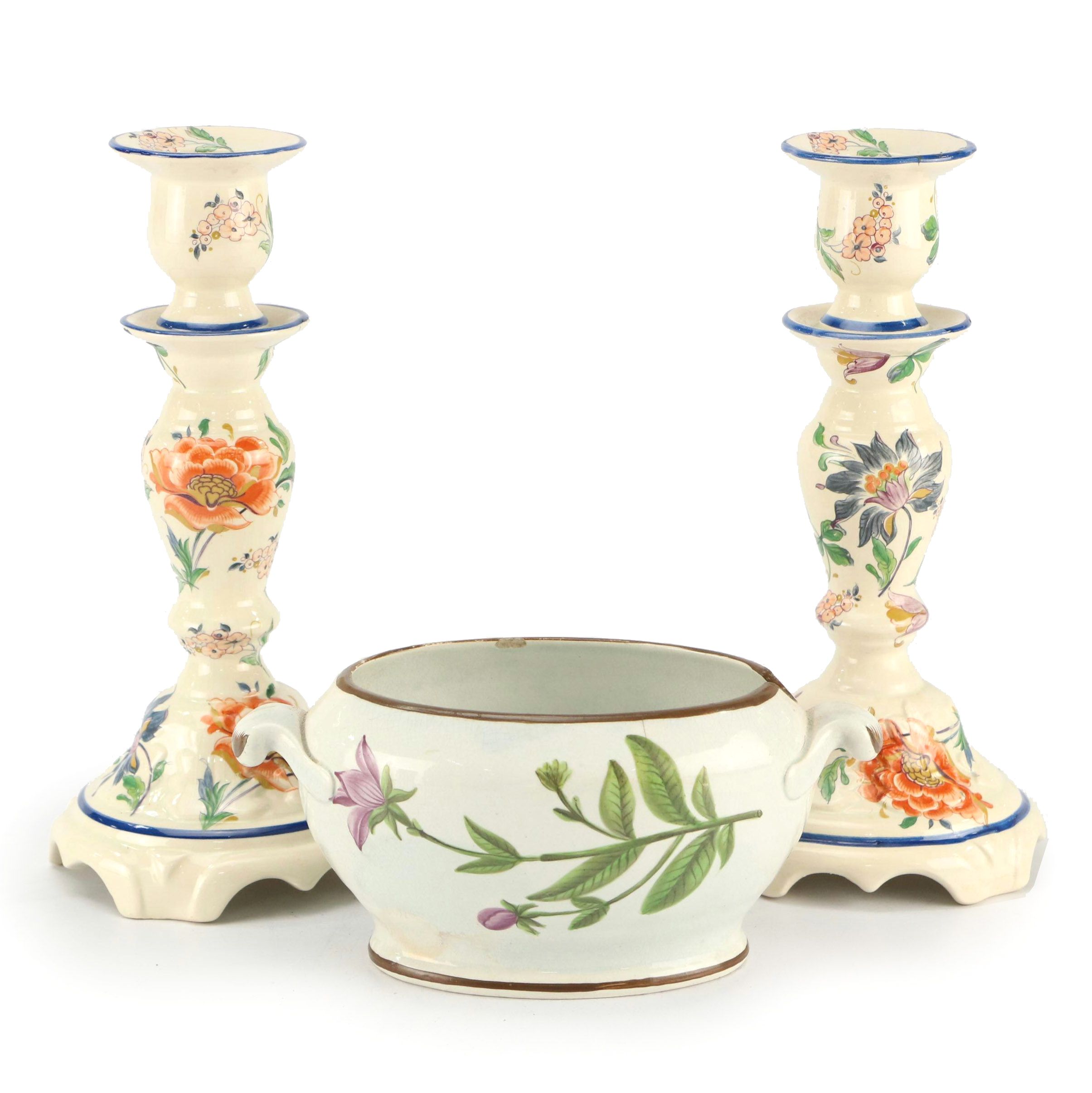 Dutch Polychrome Delft Candlesticks and Leeds Botanical Creamware Tureen
