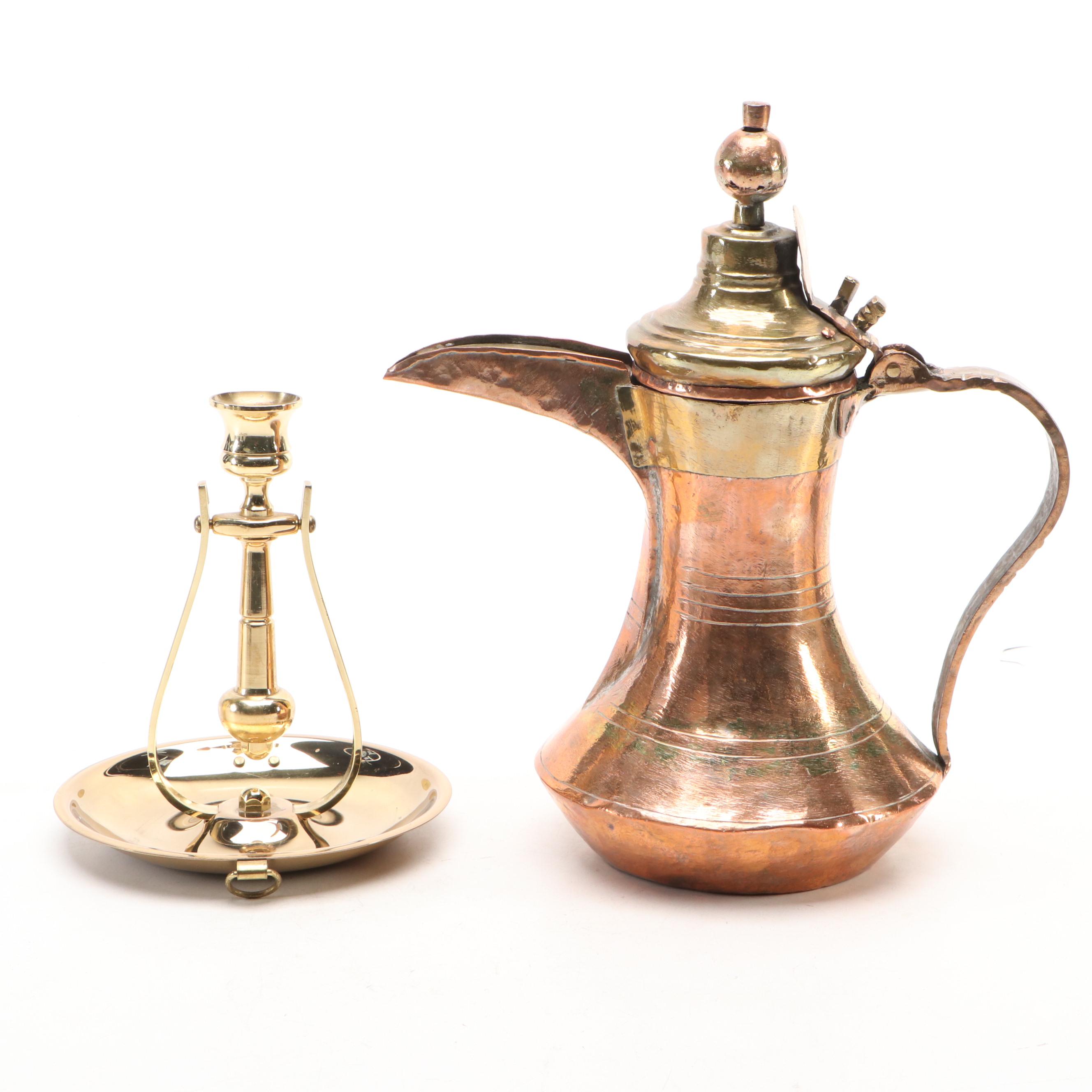 Baldwin Swinging Brass Chamberstick with Hammered Dallah and Other Décor
