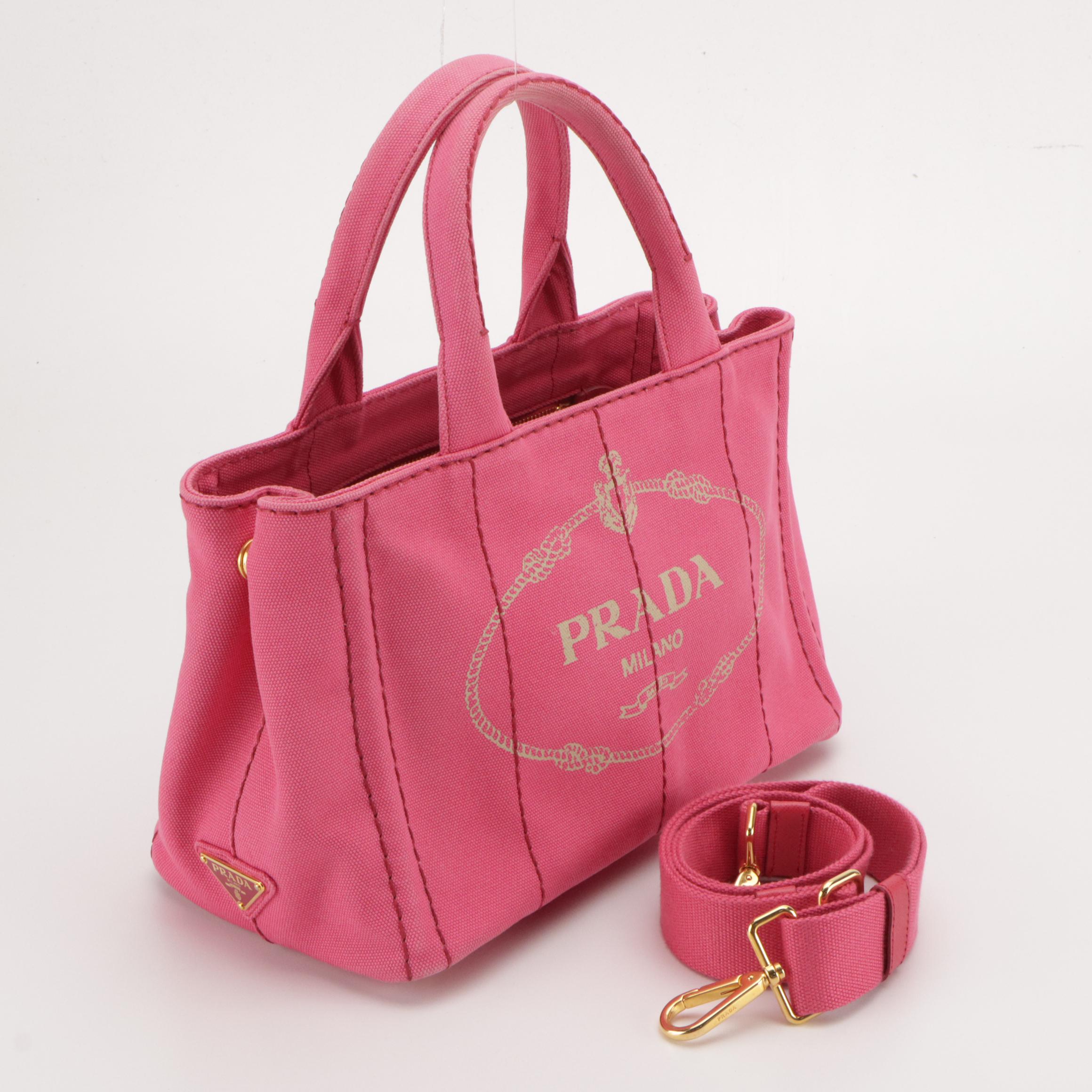 Prada Mediun Canapa Logo Two-Way Tote in Peonia Pink Canvas