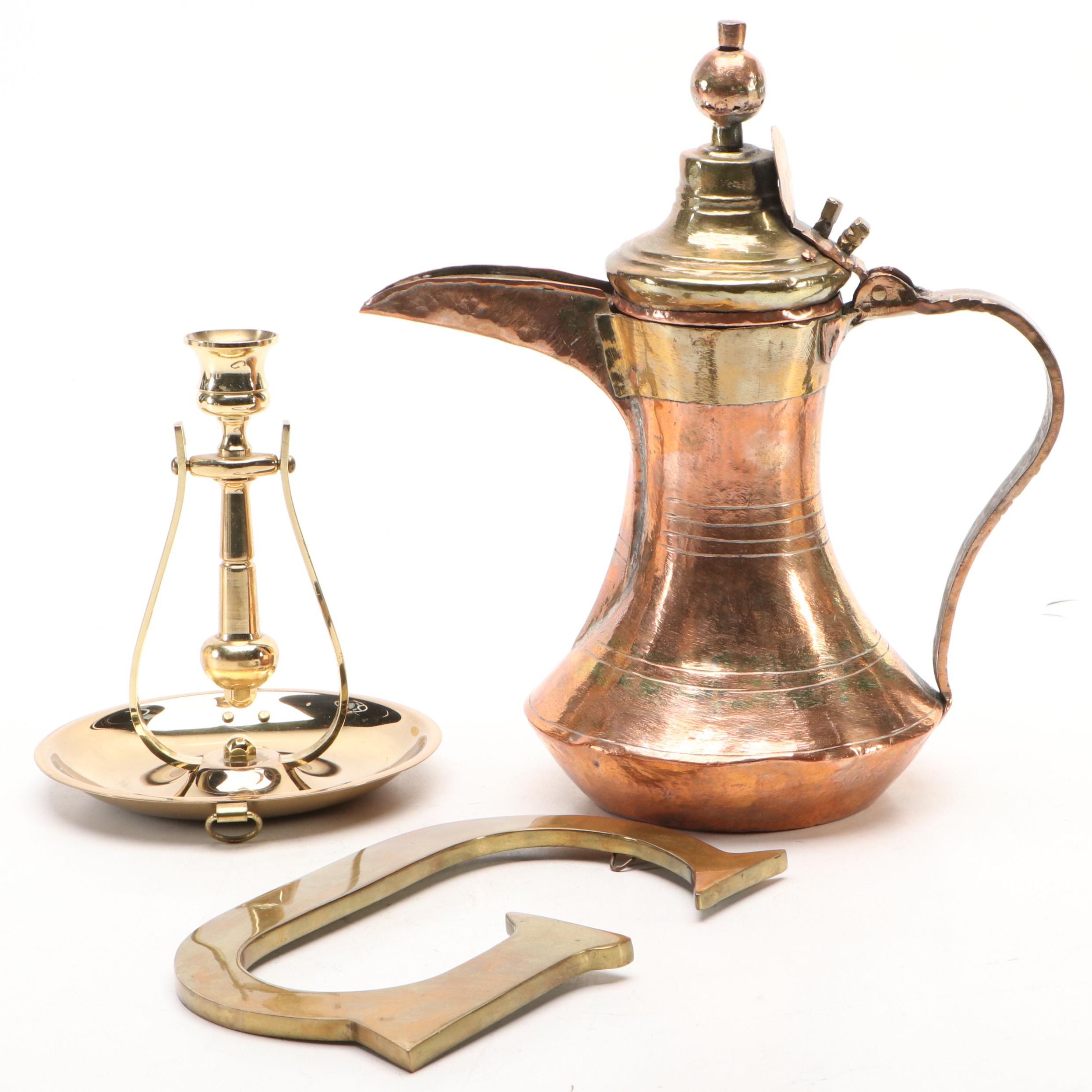 Baldwin Swinging Brass Chamberstick with Hammered Dallah and Other Décor