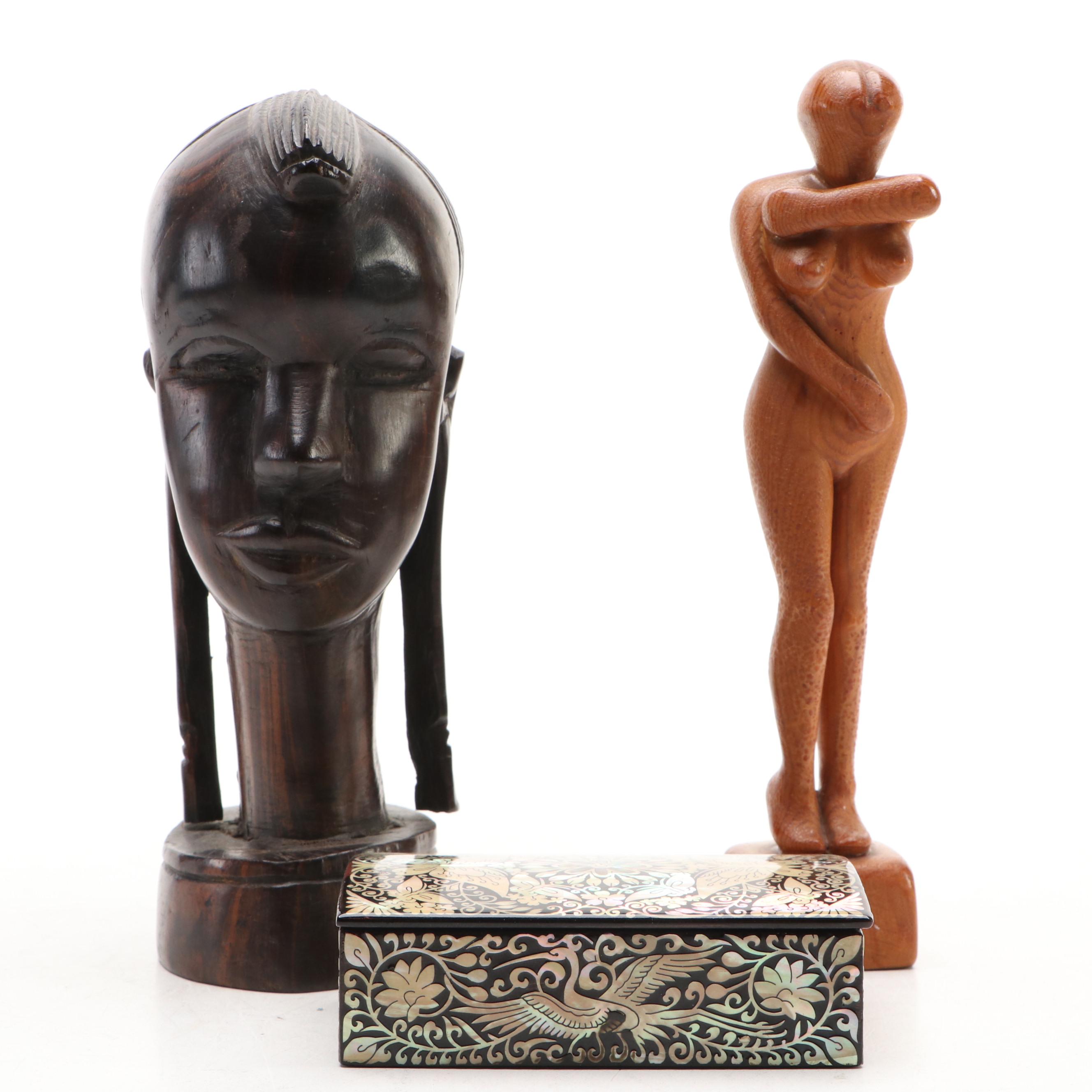 Mother-of-Pearl and Abalone Inlay Decorative Box, Ebony Bust and More