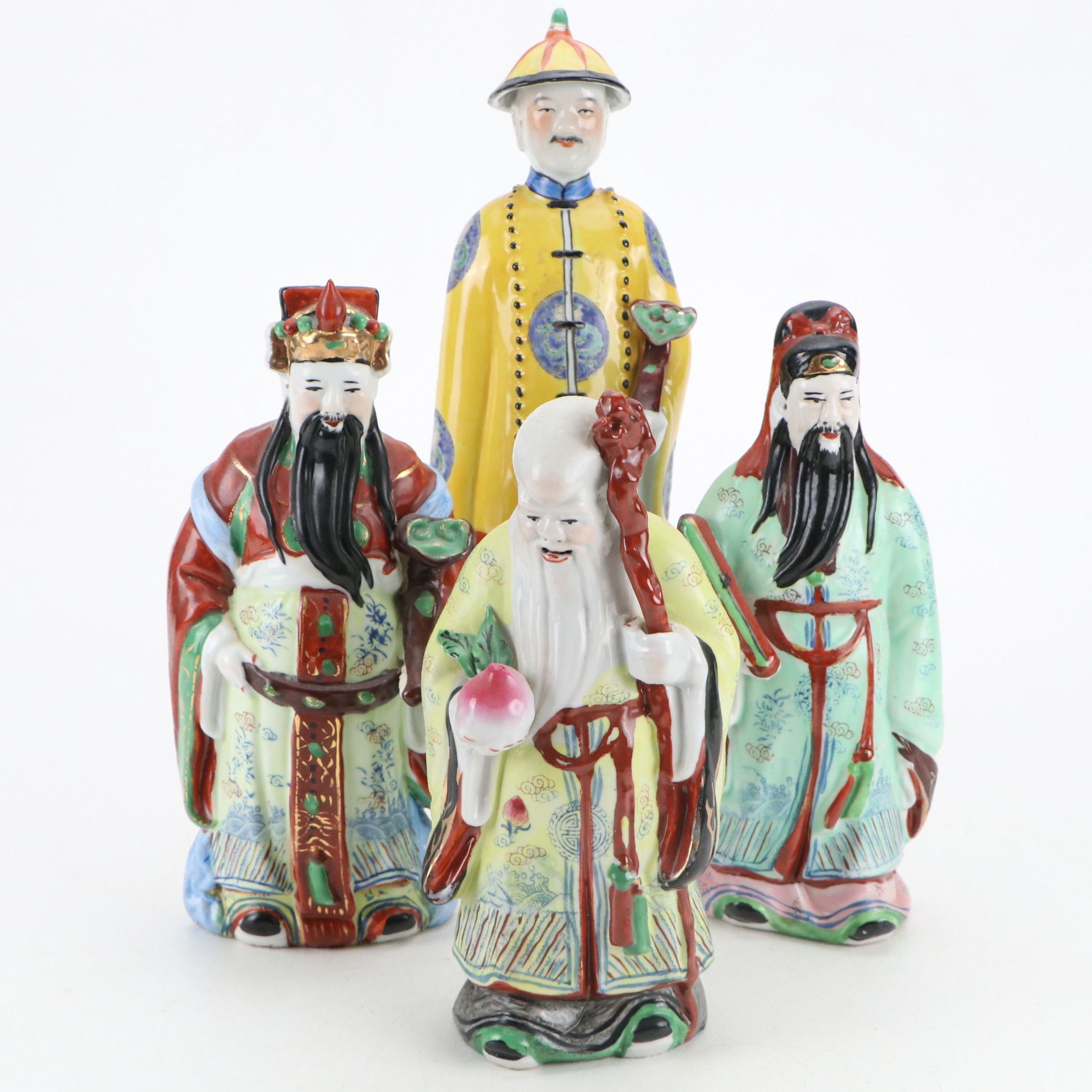 Chinese Porcelain Sanxing Deities Fu, Lu, Shao and Qing Style Emperor Figure