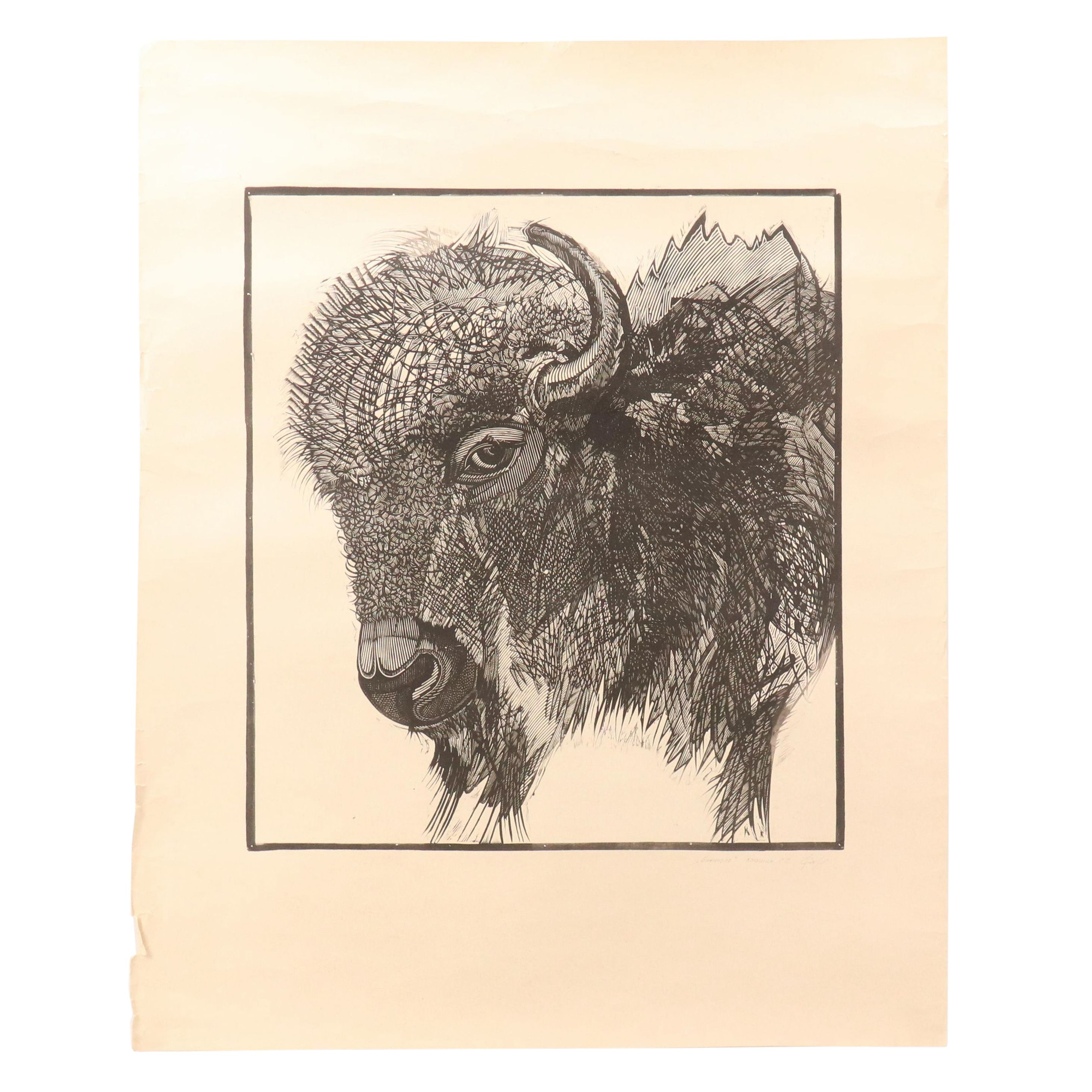 Woodcut "Buffalo," Late 20th Century