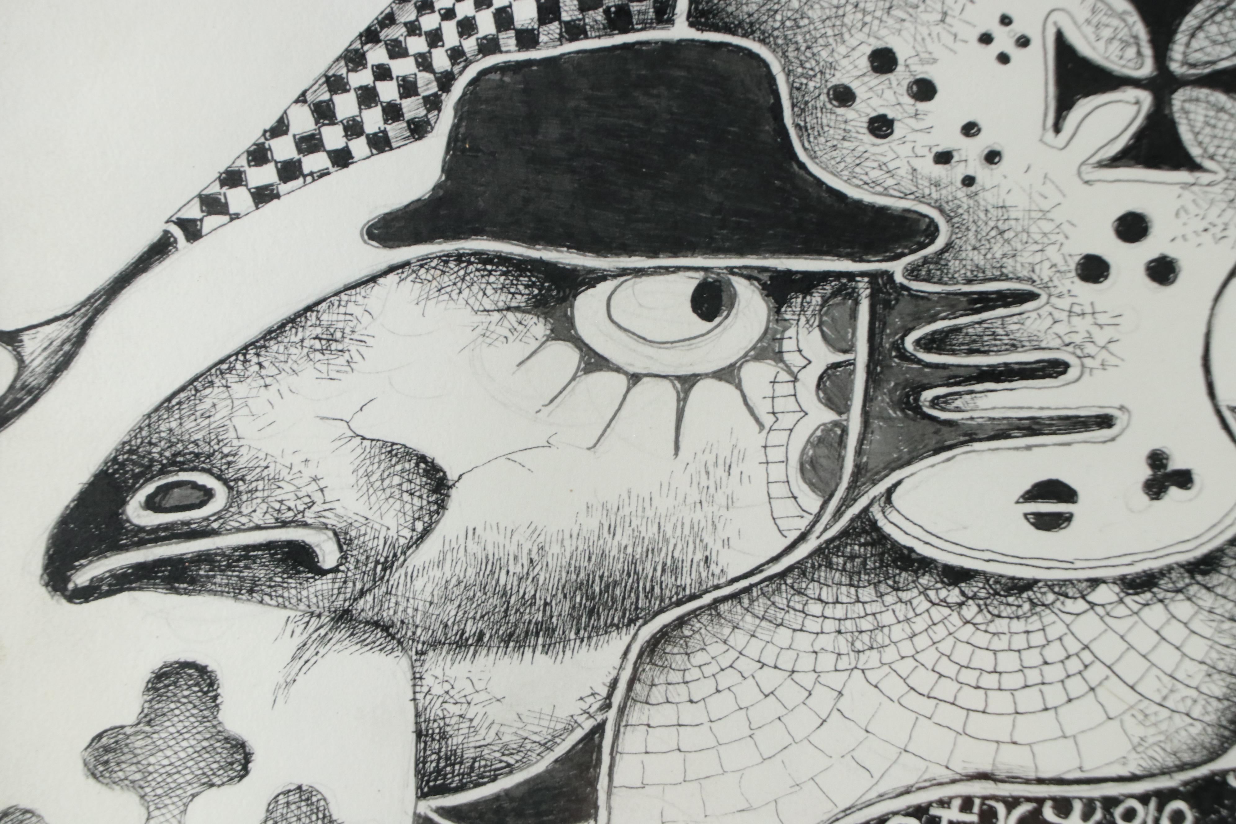 Nikolay "Kuk" Manuylov Figural Surrealist Ink Drawing, 2017