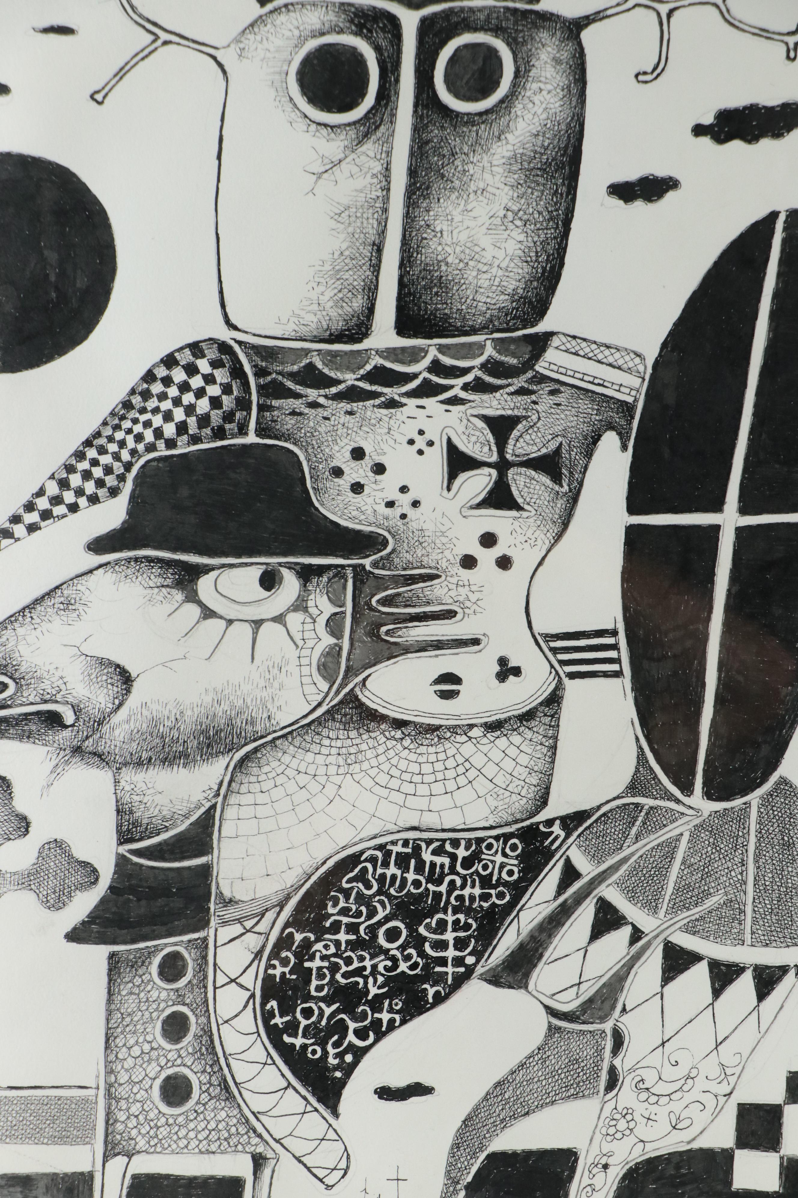 Nikolay "Kuk" Manuylov Figural Surrealist Ink Drawing, 2017