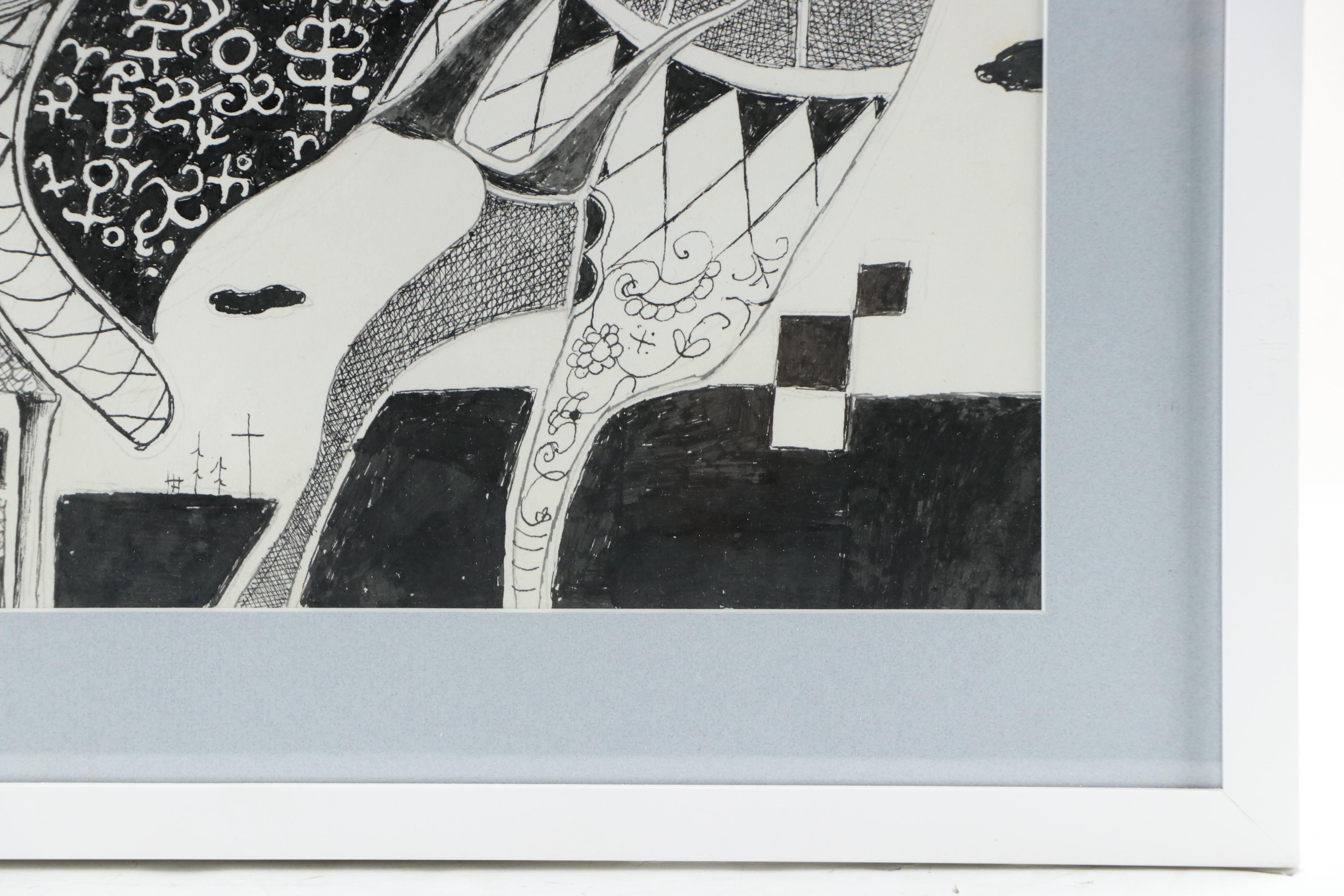 Nikolay "Kuk" Manuylov Figural Surrealist Ink Drawing, 2017