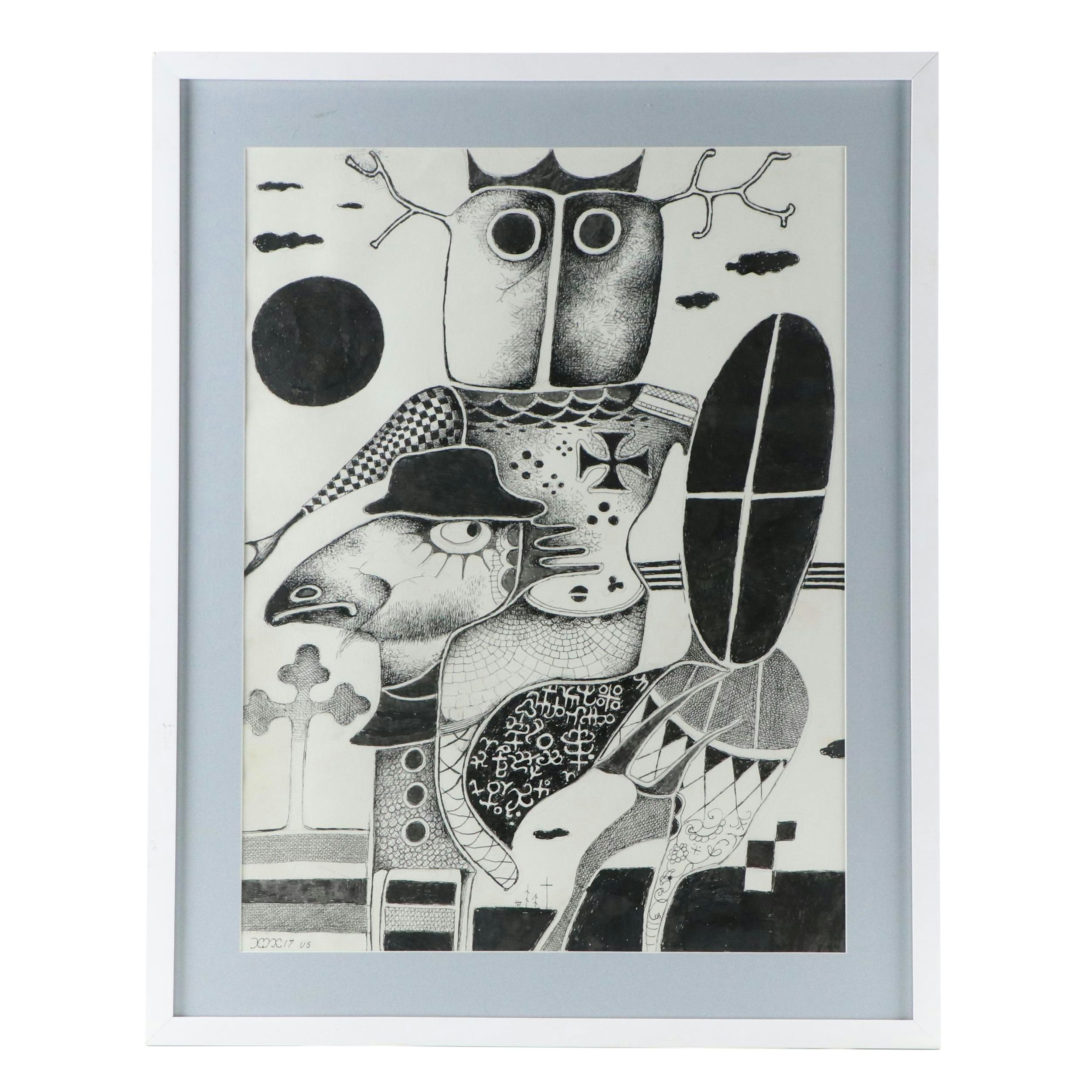 Nikolay "Kuk" Manuylov Figural Surrealist Ink Drawing, 2017