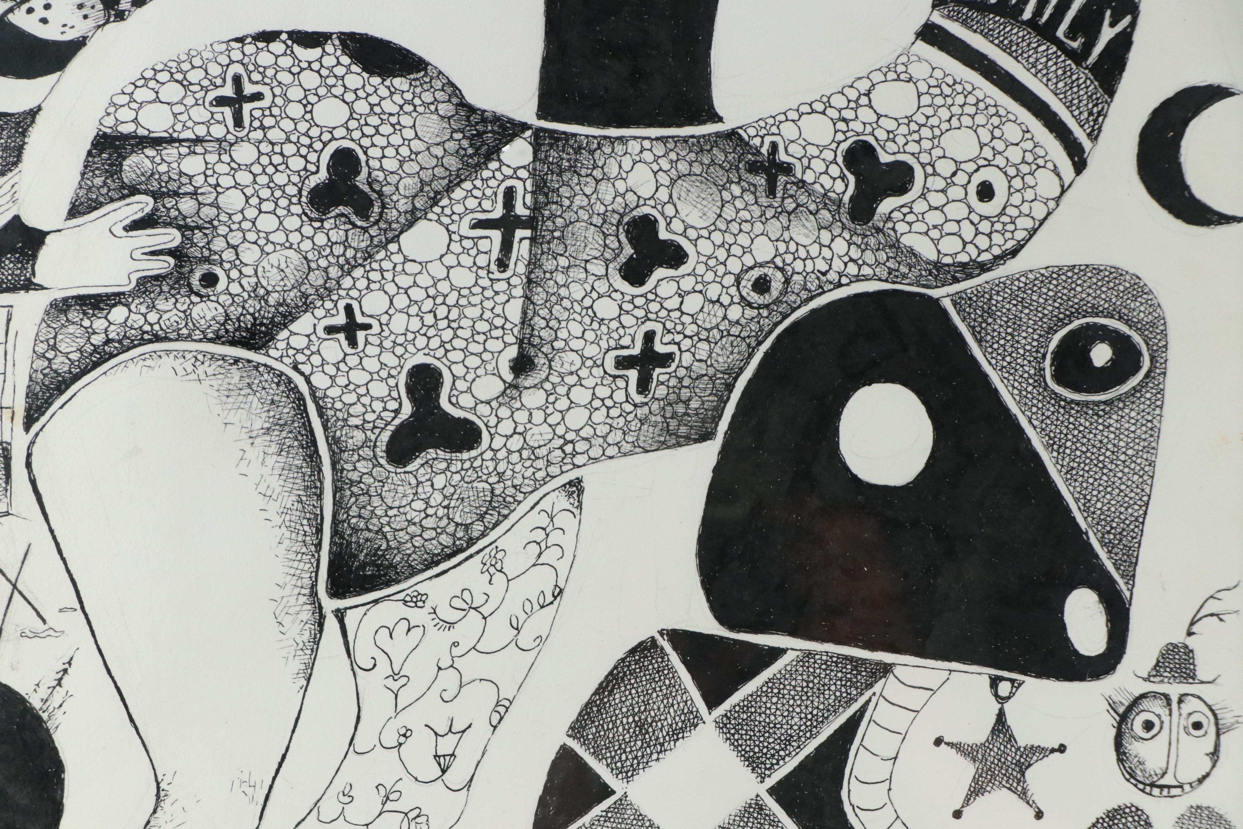 Nikolay "Kuk" Manuylov Figural Surrealist Ink Drawing, 2017