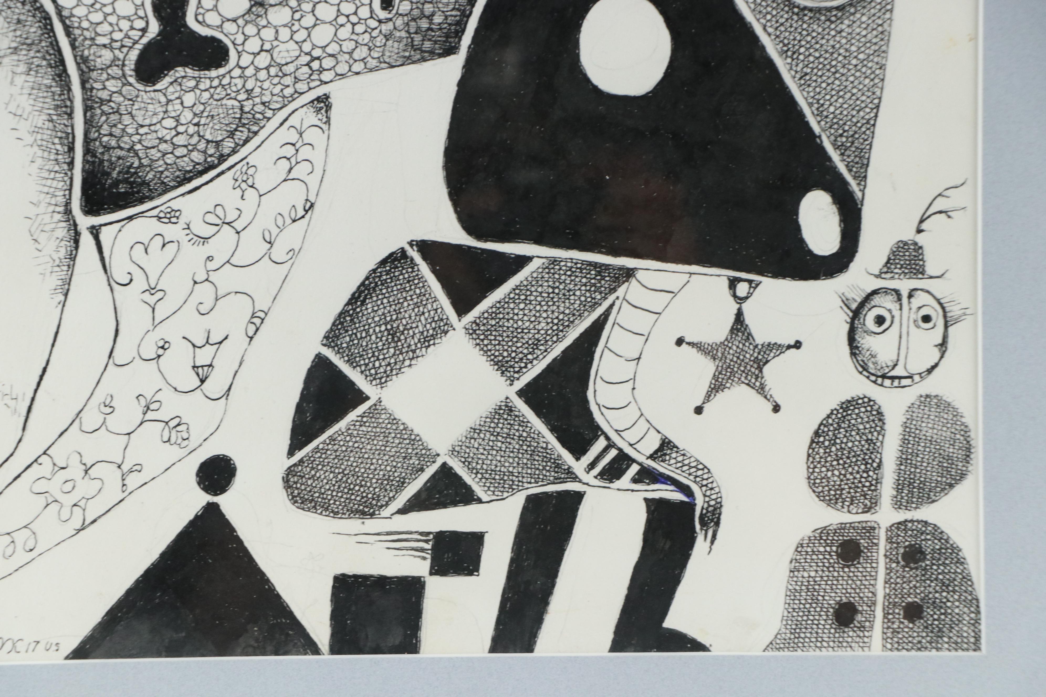 Nikolay "Kuk" Manuylov Figural Surrealist Ink Drawing, 2017