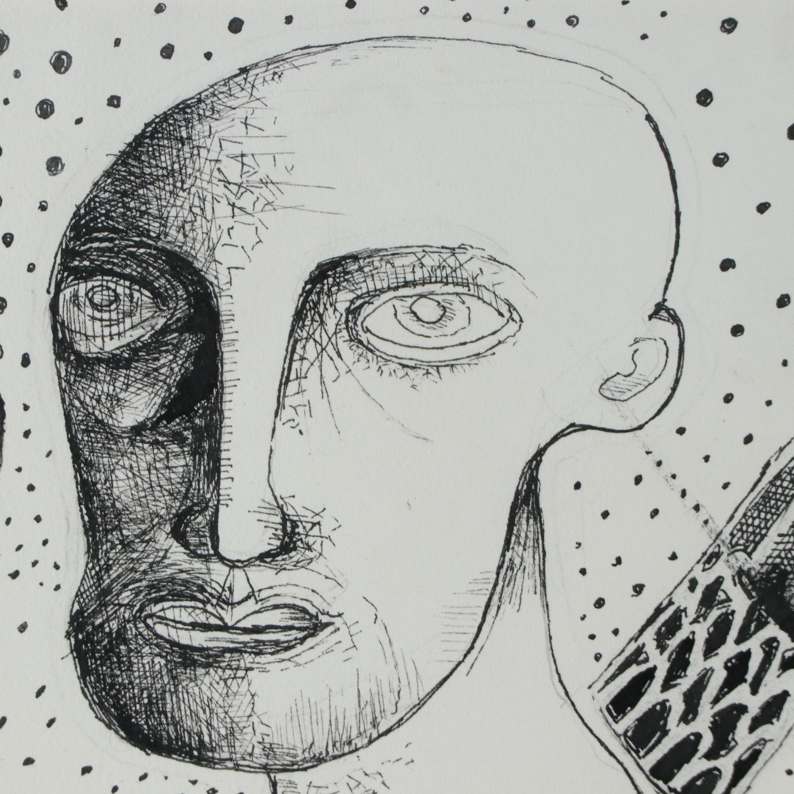 Nikolay "Kuk" Manuylov Figural Surrealist Ink Drawing, 2017