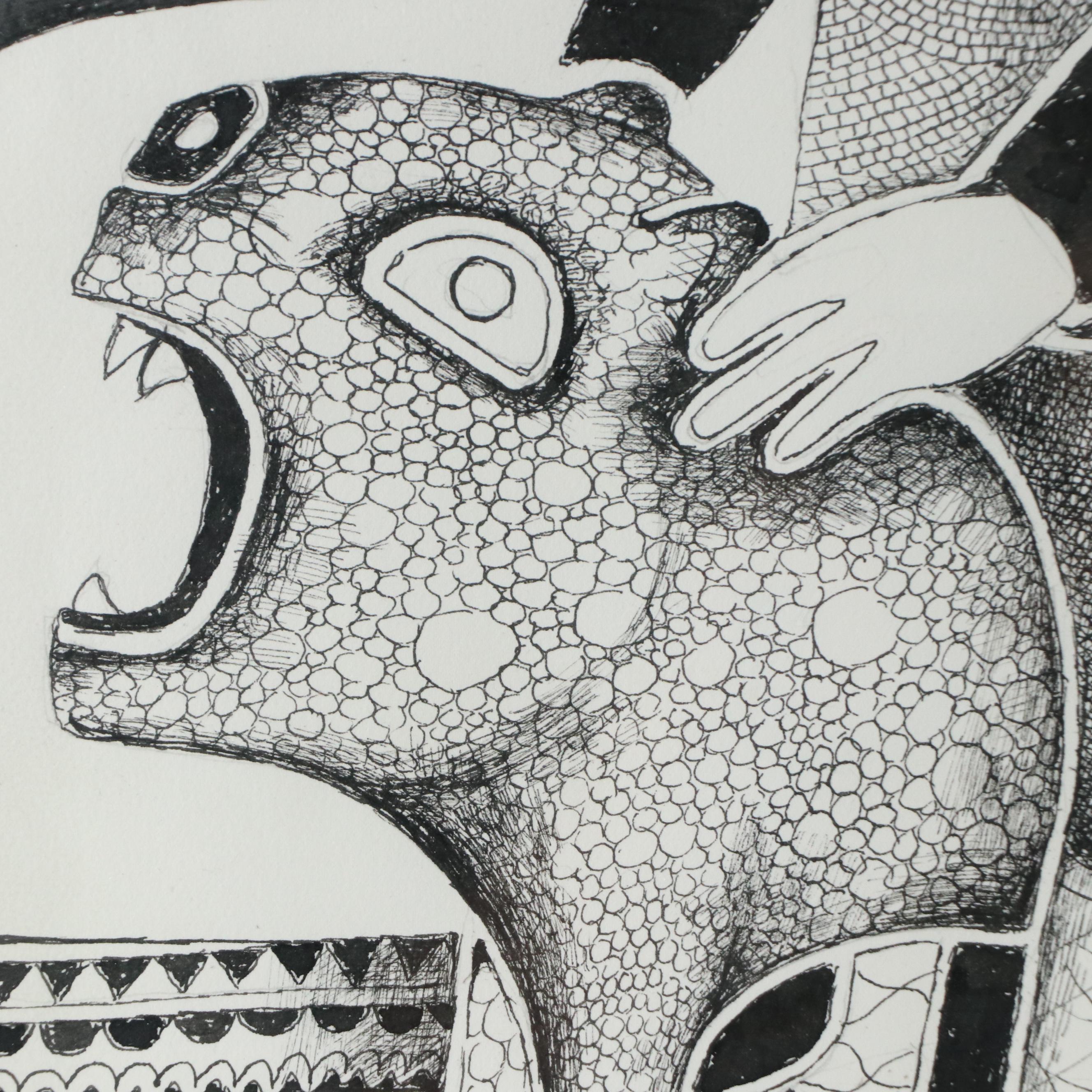 Nikolay "Kuk" Manuylov Figural Surrealist Ink Drawing, 2017