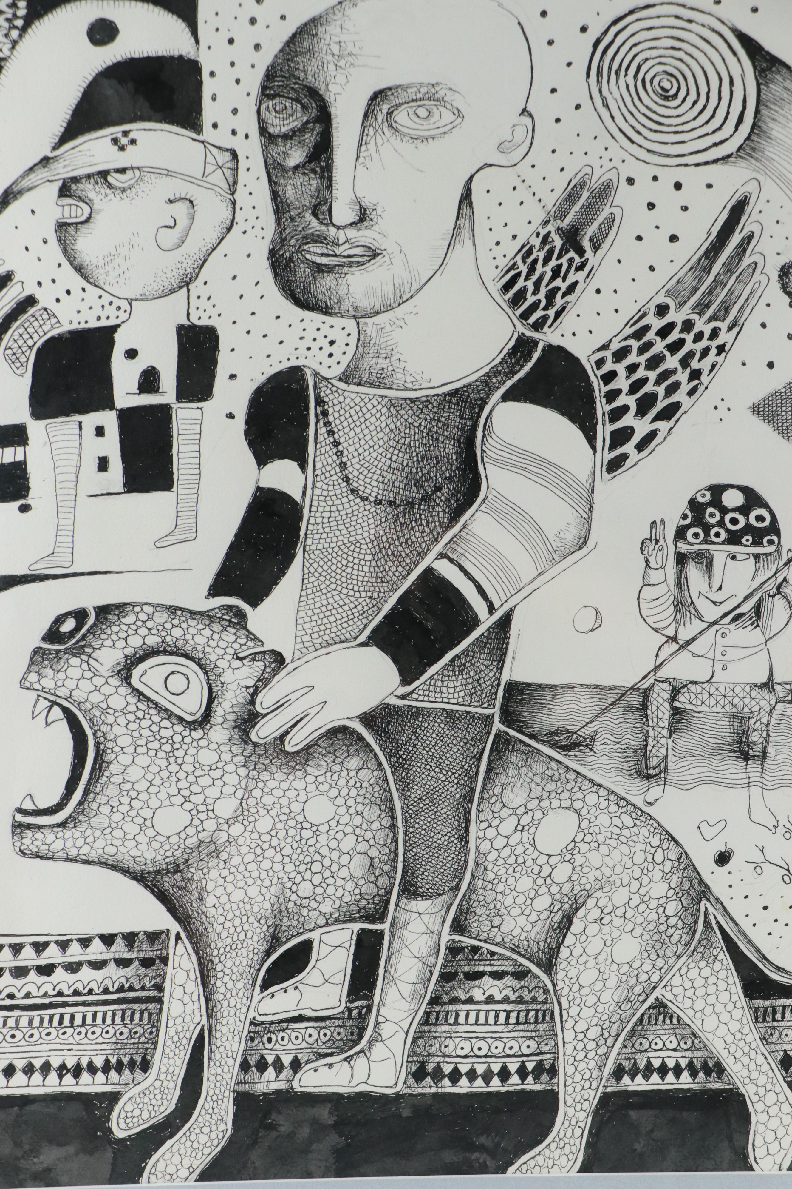 Nikolay "Kuk" Manuylov Figural Surrealist Ink Drawing, 2017