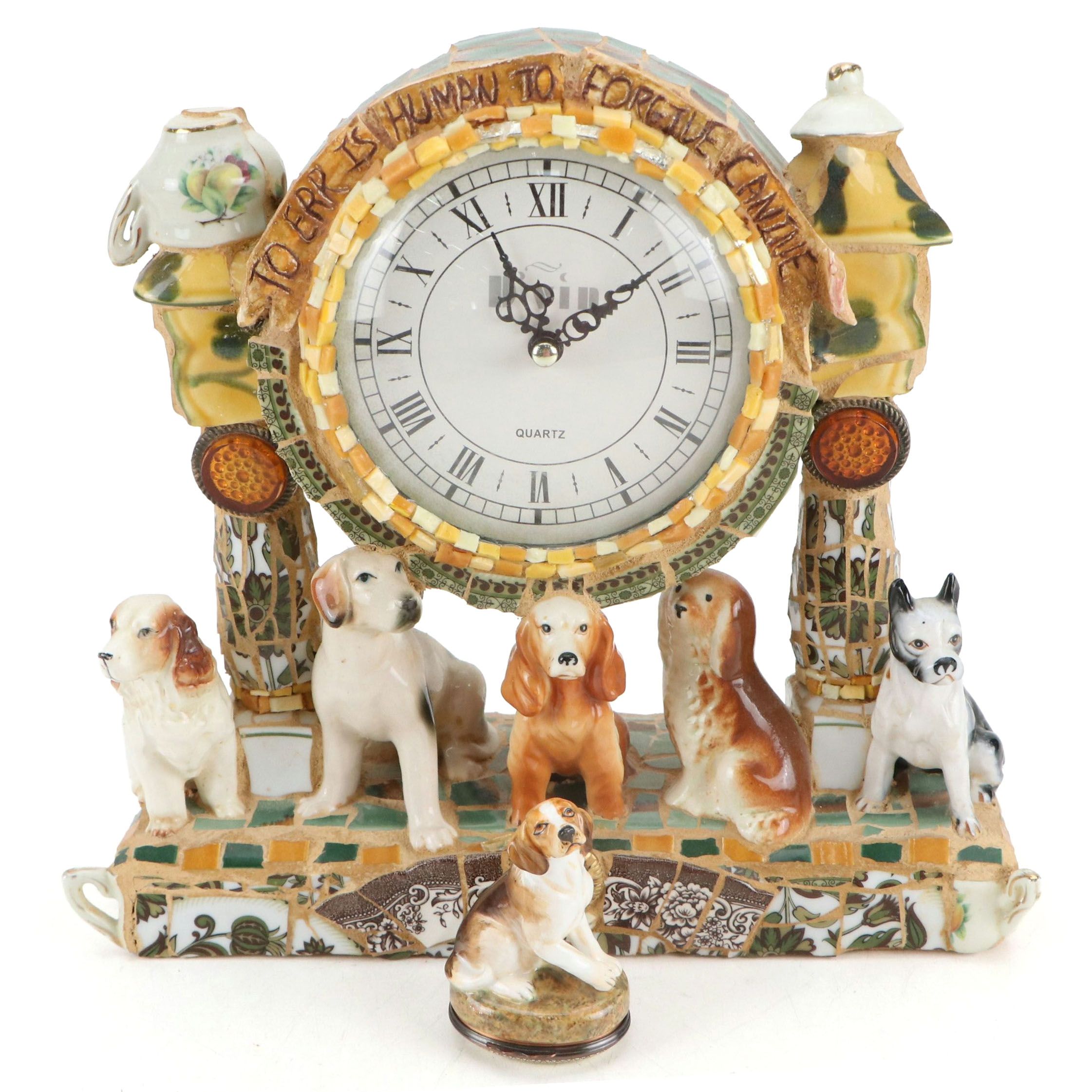 Artisan Ceramic Mosaic Assemblage Dog Mantel Clock with Other Beagle Figurine