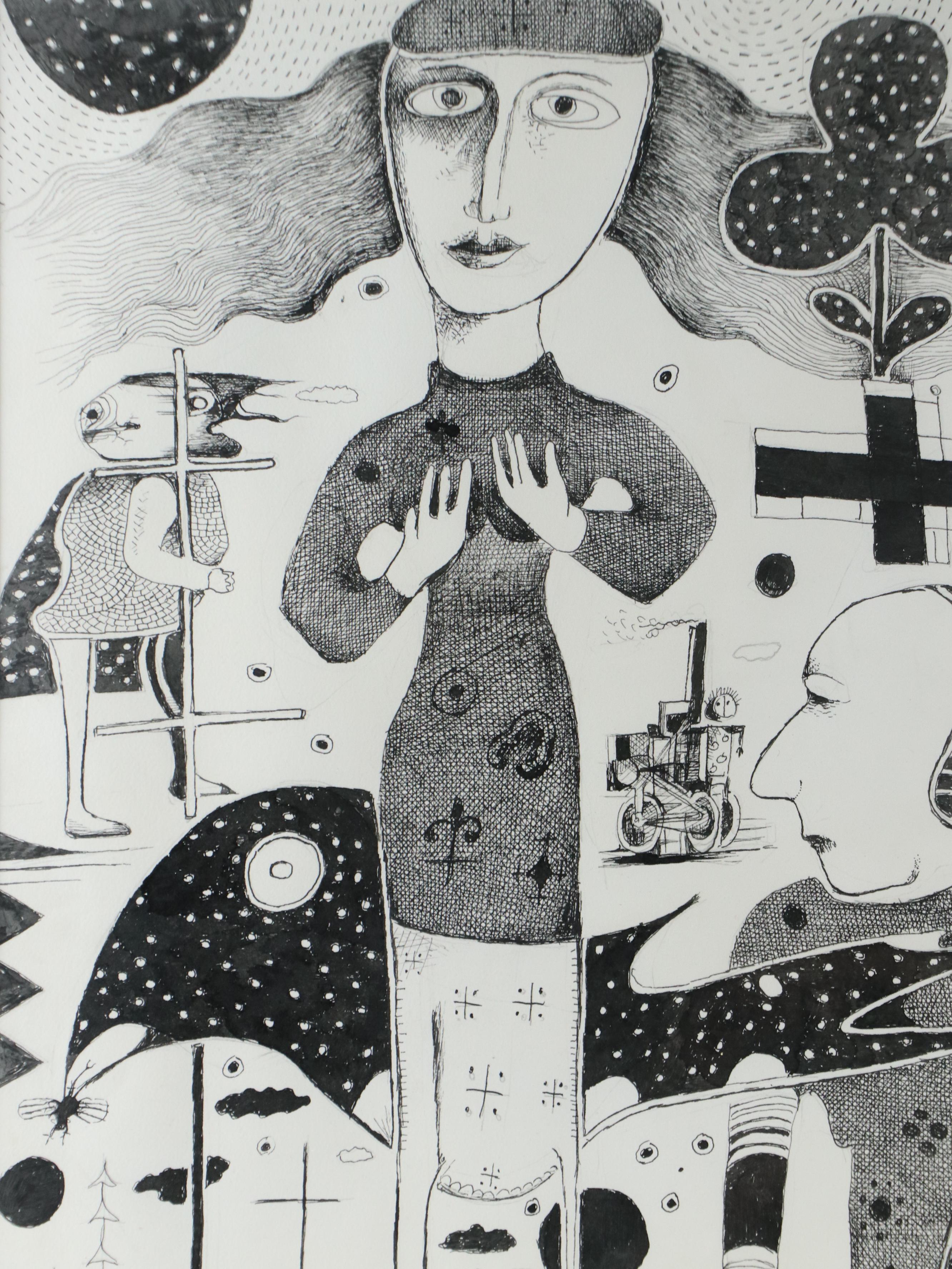 Nikolay "Kuk" Manuylov Figural Surrealist Ink Drawing, 2017