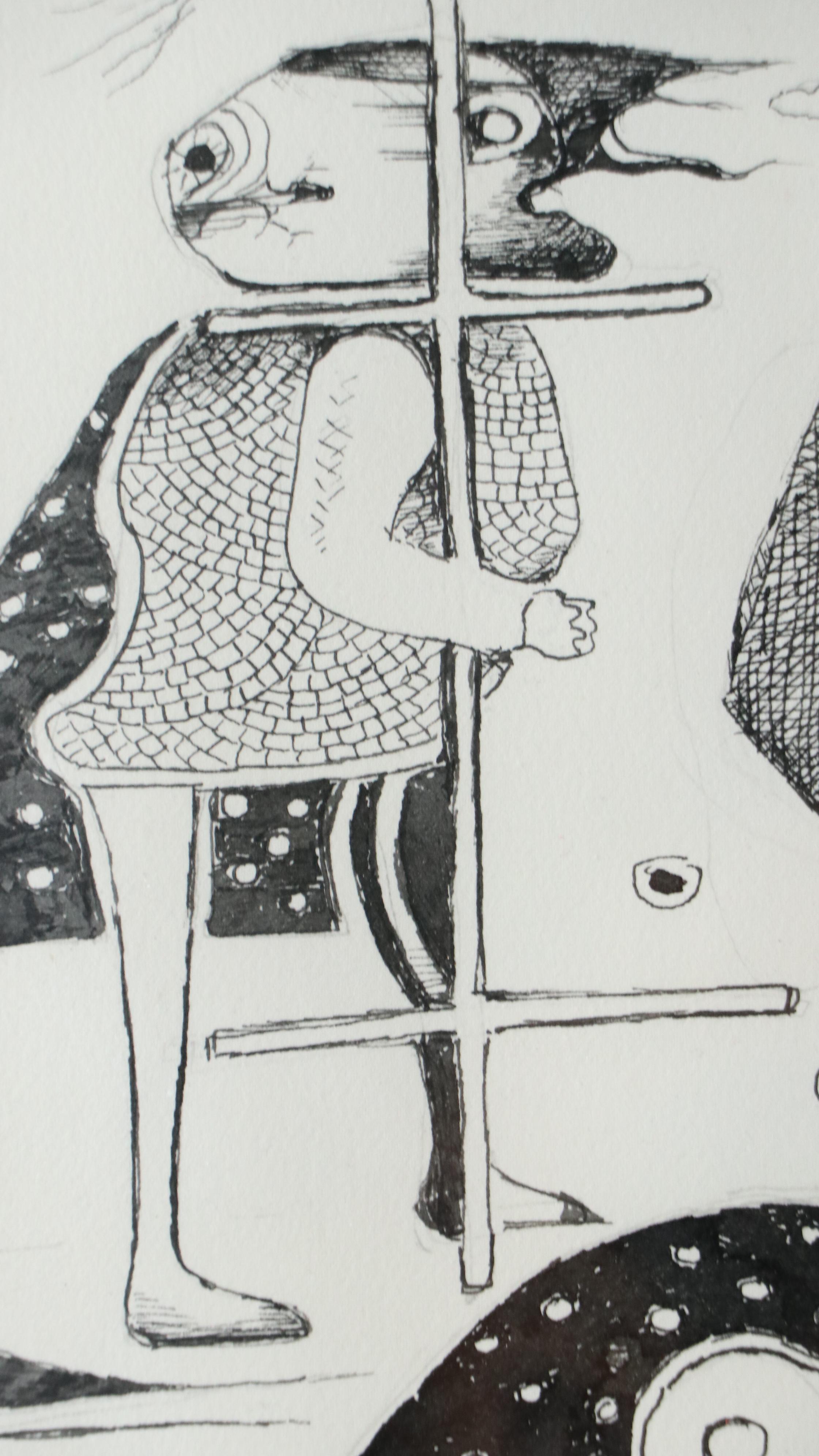 Nikolay "Kuk" Manuylov Figural Surrealist Ink Drawing, 2017