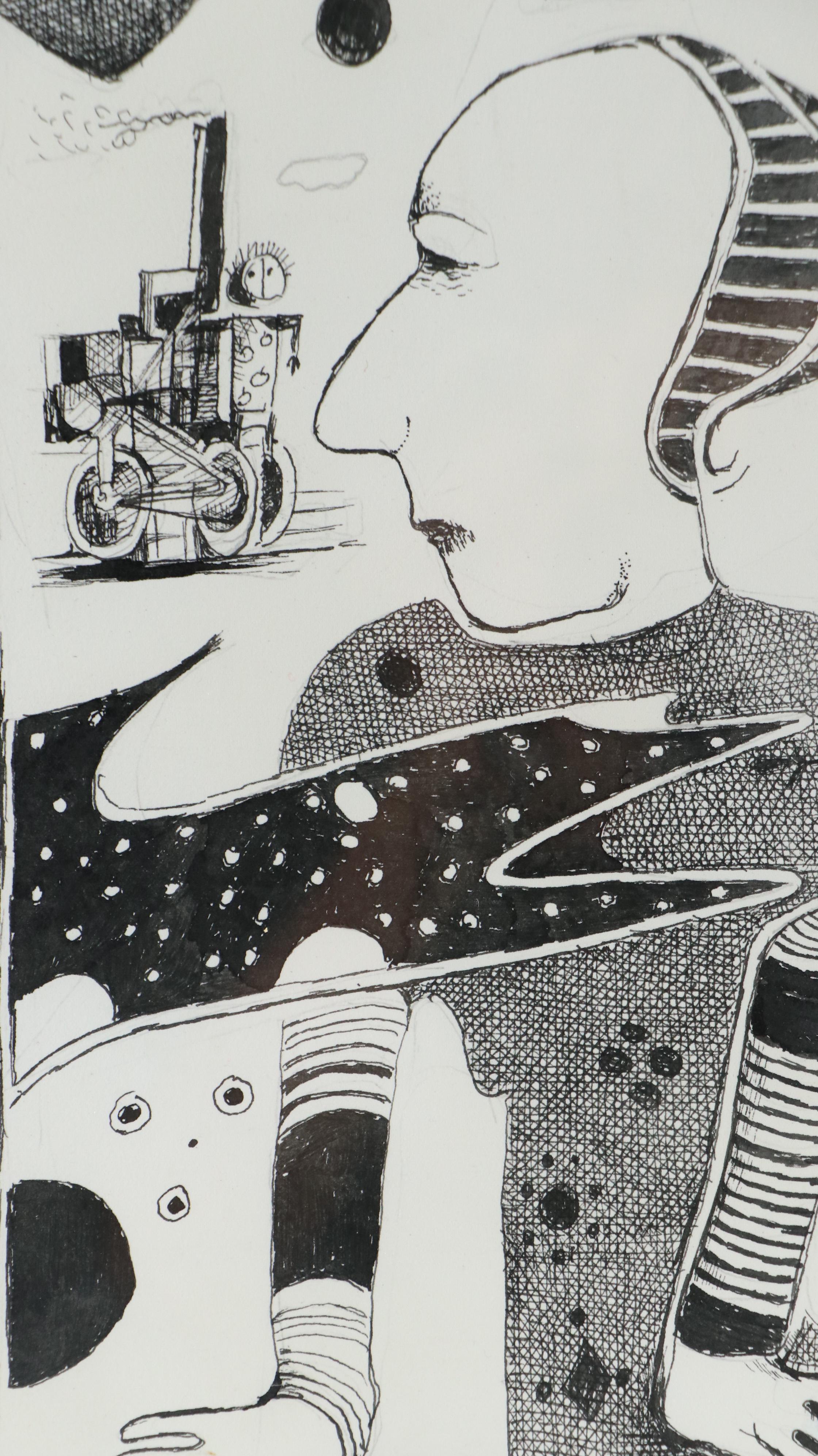 Nikolay "Kuk" Manuylov Figural Surrealist Ink Drawing, 2017