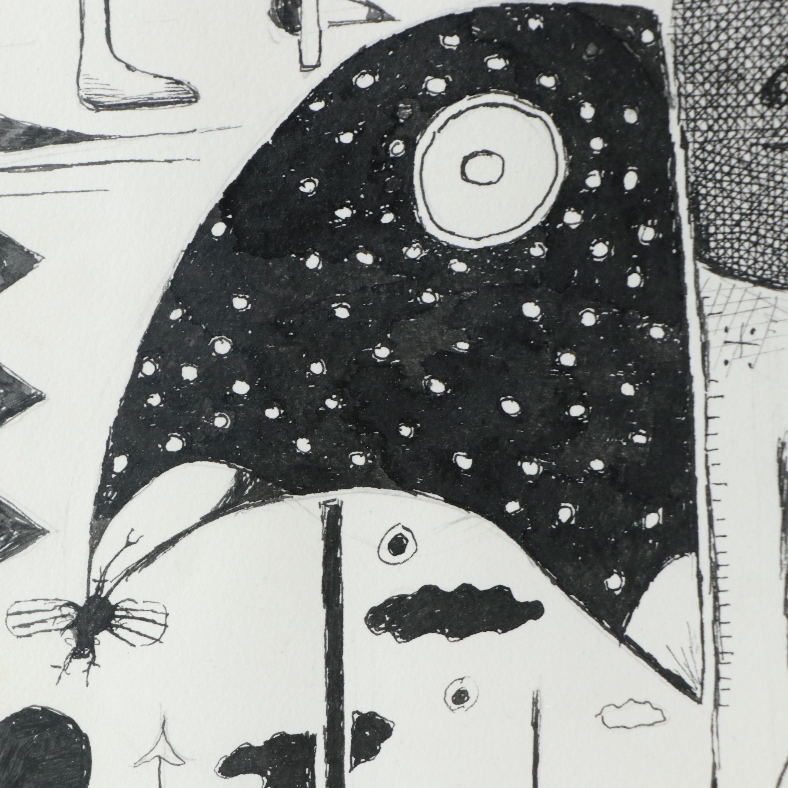 Nikolay "Kuk" Manuylov Figural Surrealist Ink Drawing, 2017