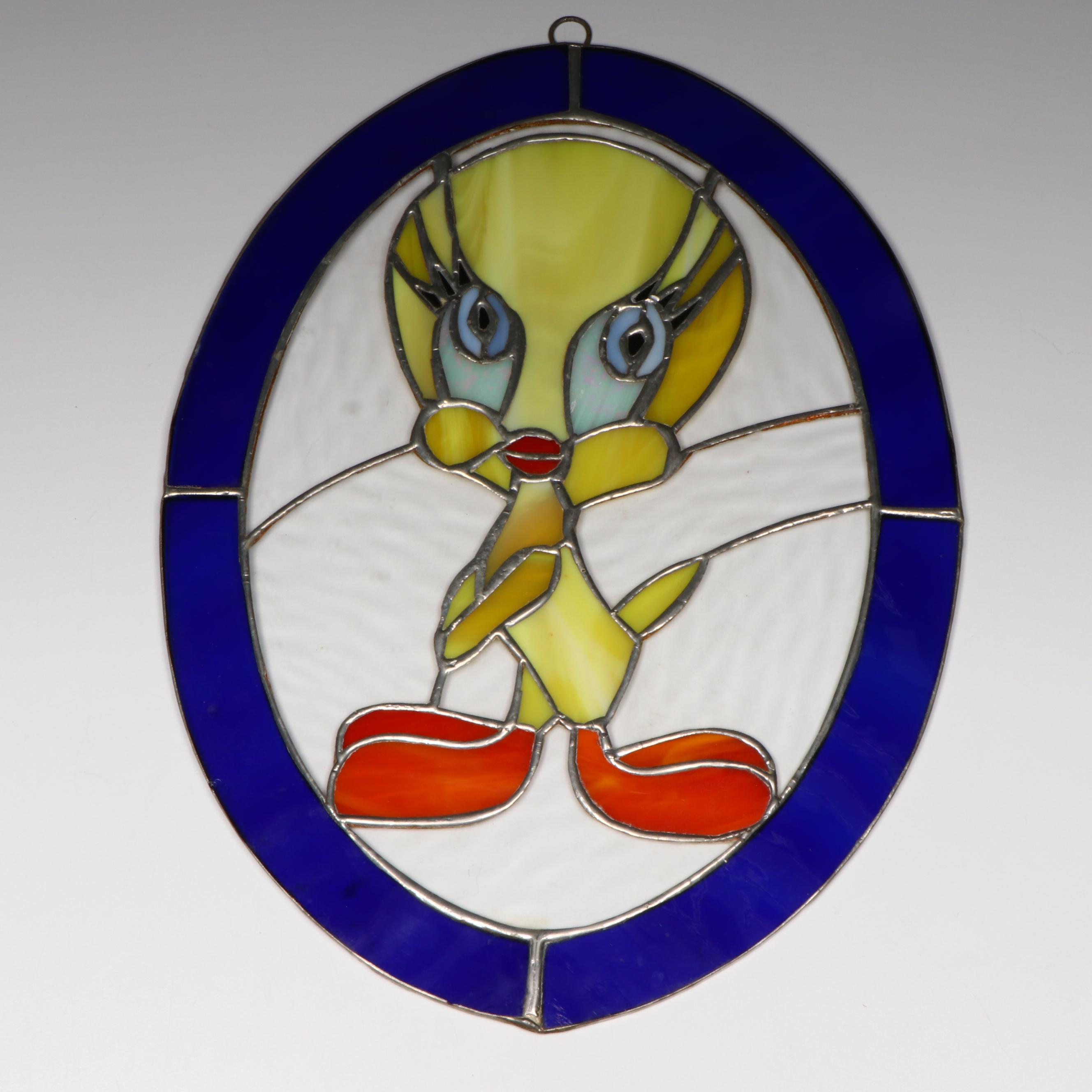 Tweety Bird Stained and Slag Glass Hanging Panel