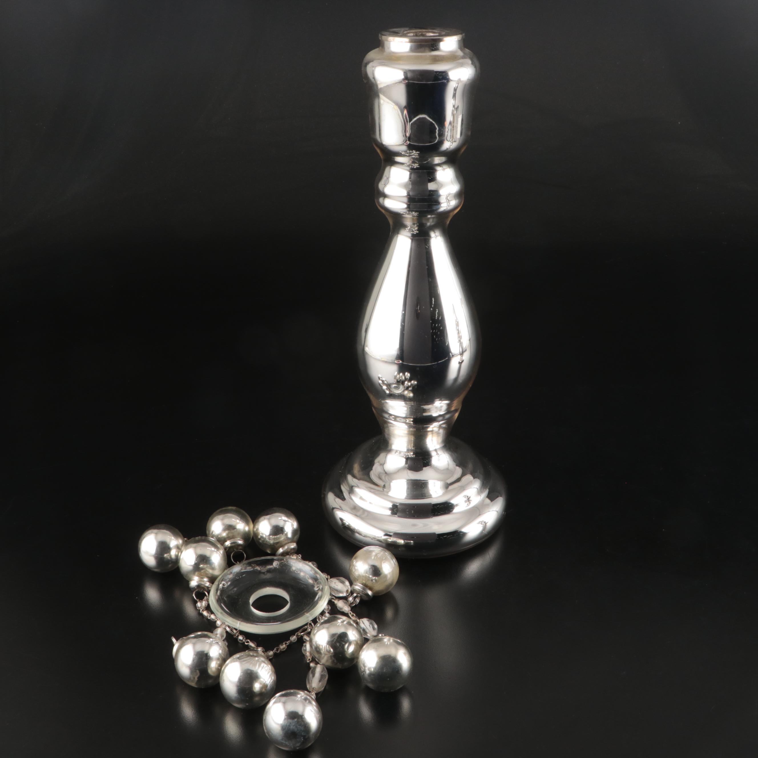Mercury Glass Candle Holders with Glass Beads and Baubles