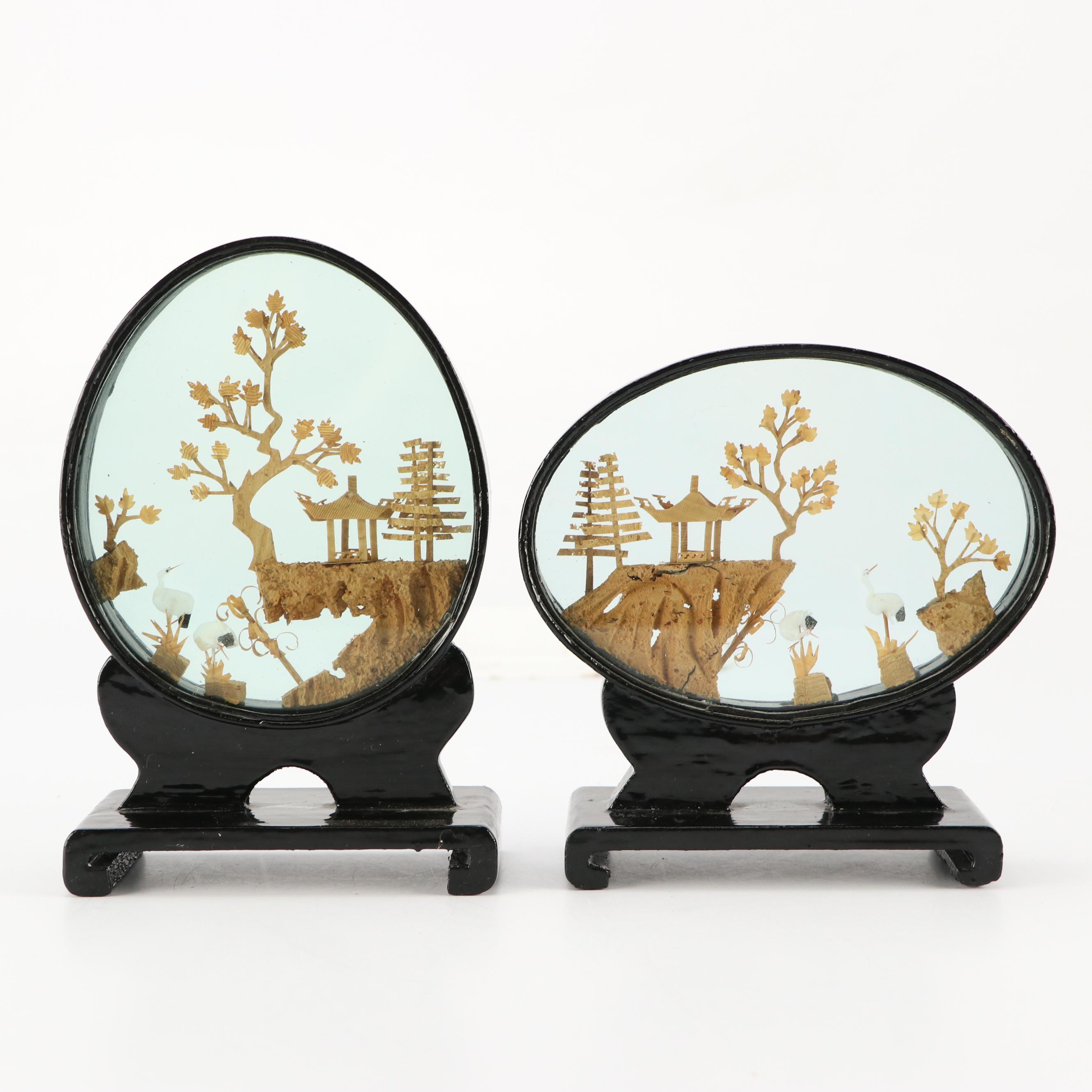 Lacquer Frame Cork Dioramas with Wooden Painted Figurine