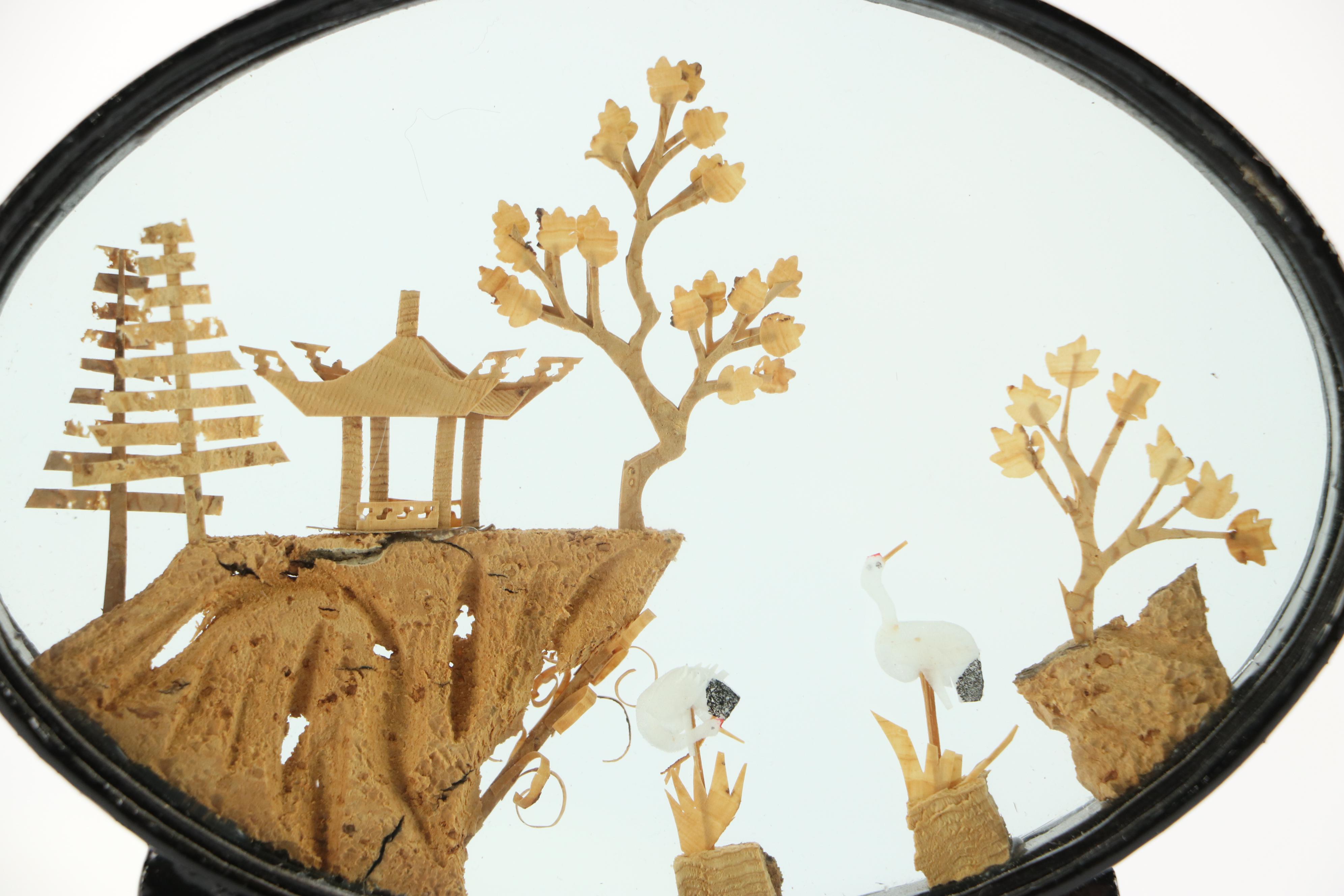 Lacquer Frame Cork Dioramas with Wooden Painted Figurine