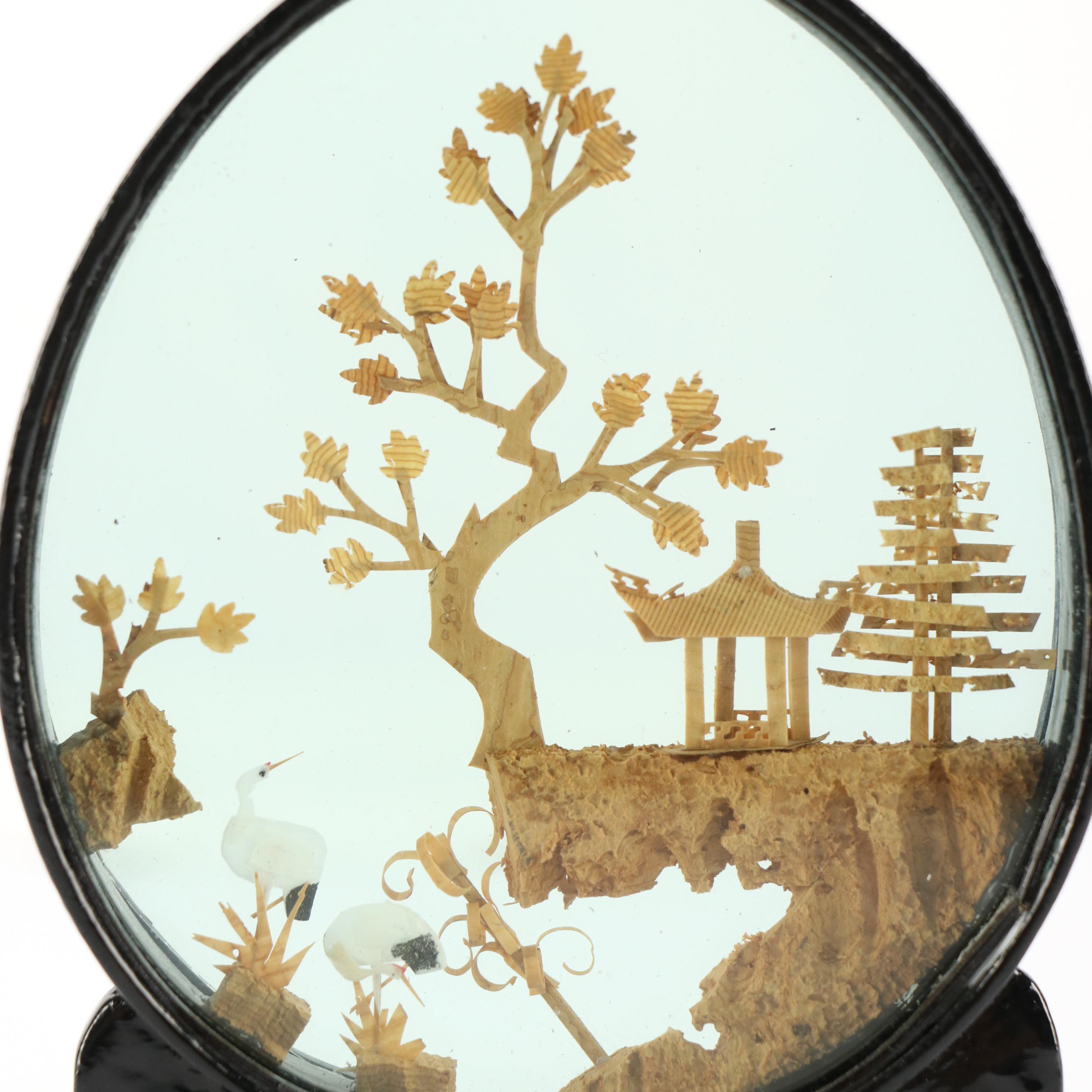 Lacquer Frame Cork Dioramas with Wooden Painted Figurine