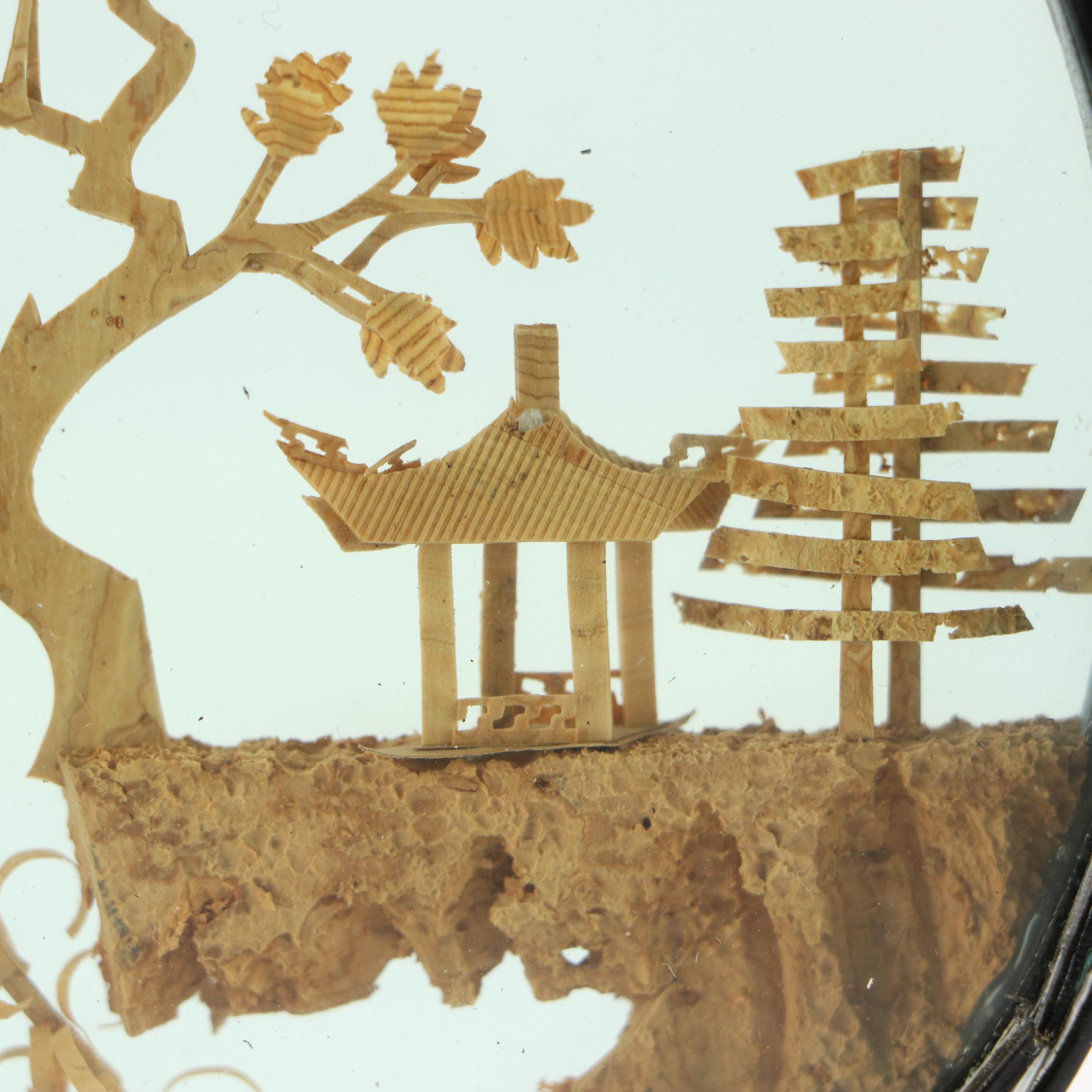 Lacquer Frame Cork Dioramas with Wooden Painted Figurine