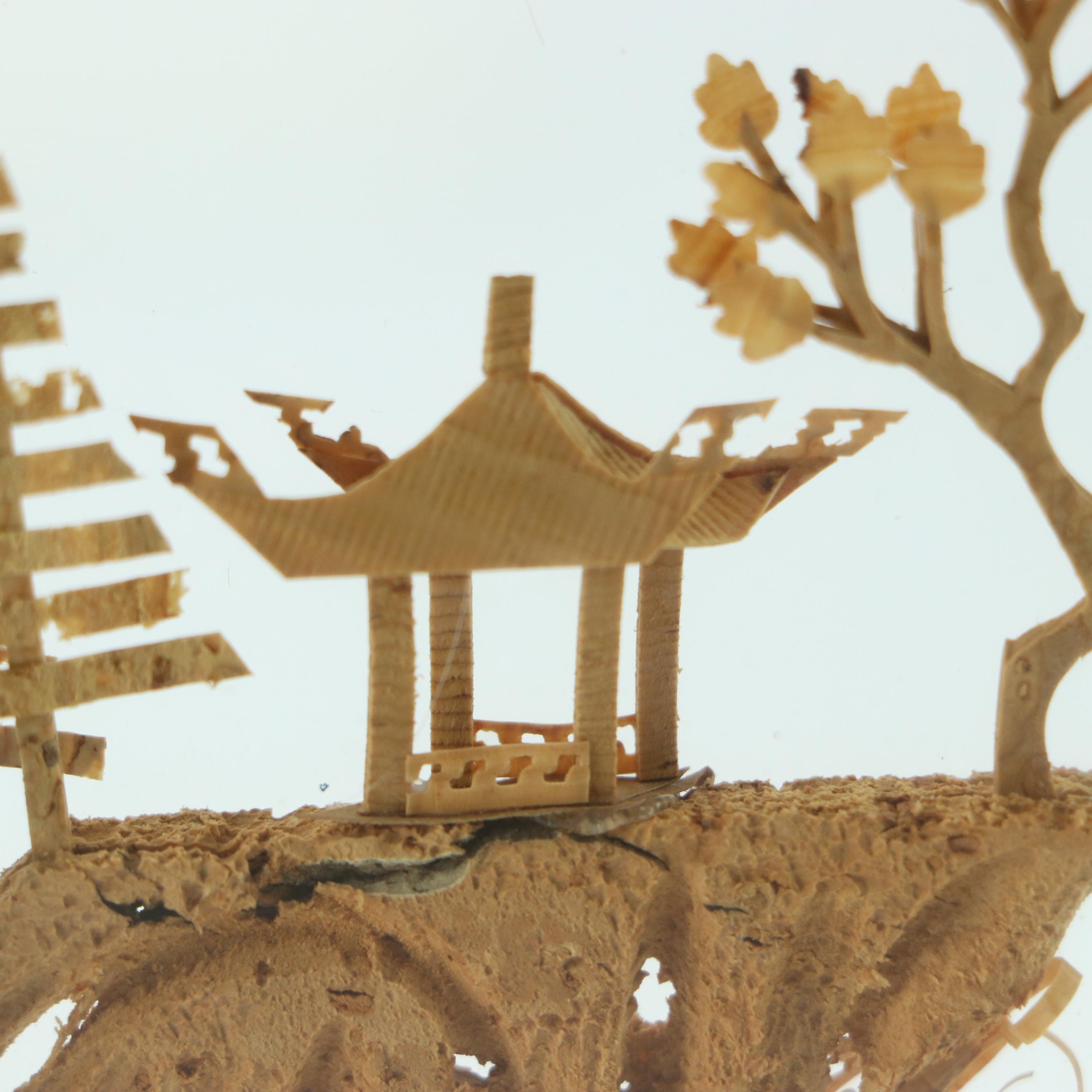Lacquer Frame Cork Dioramas with Wooden Painted Figurine