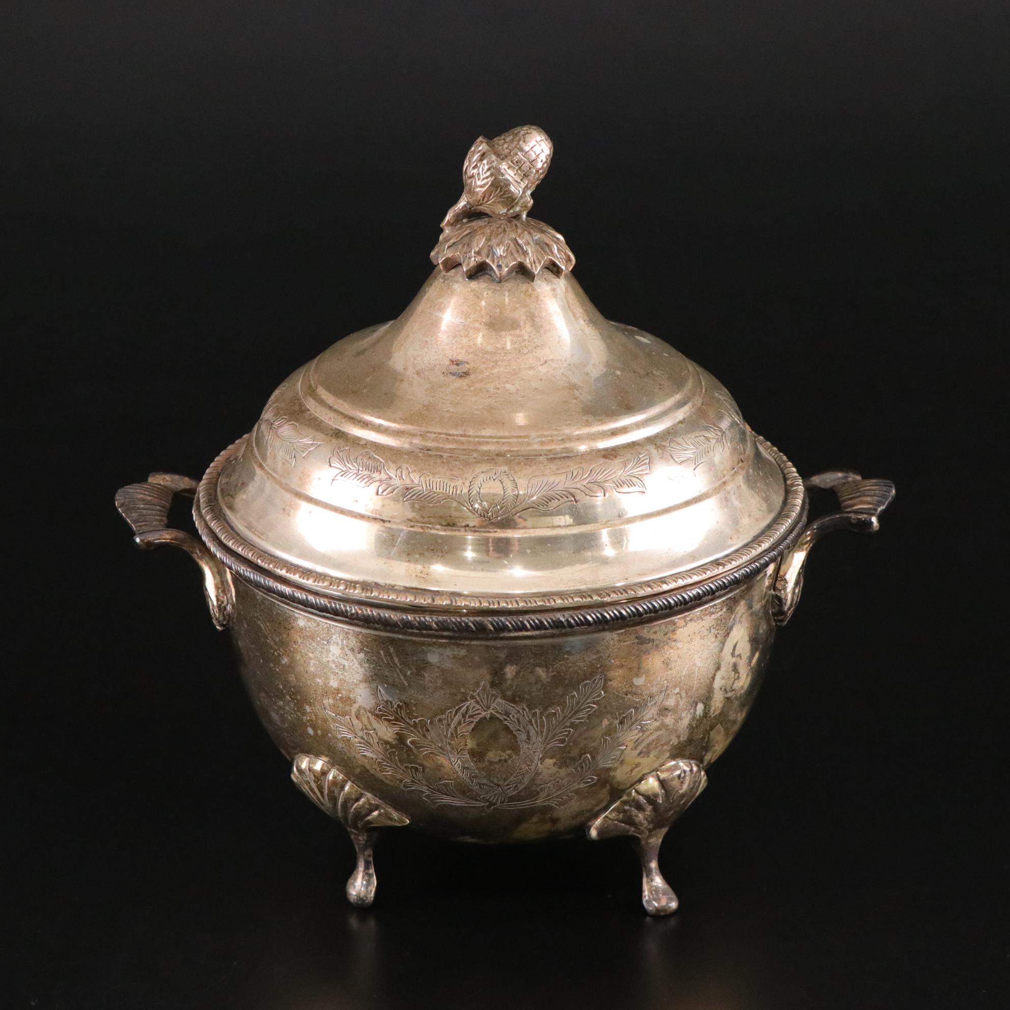 Silver Plate Covered Bowl, Relish Bowl, and Punch Cups