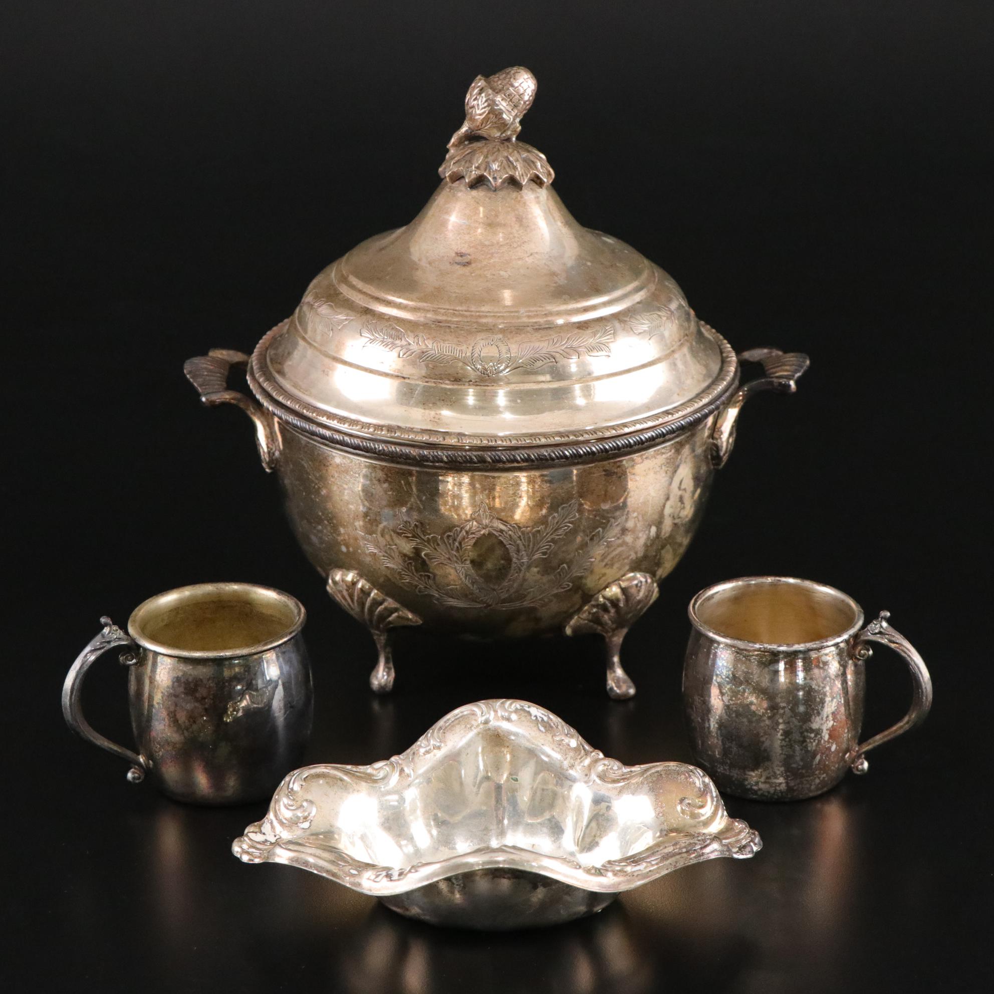 Silver Plate Covered Bowl, Relish Bowl, and Punch Cups