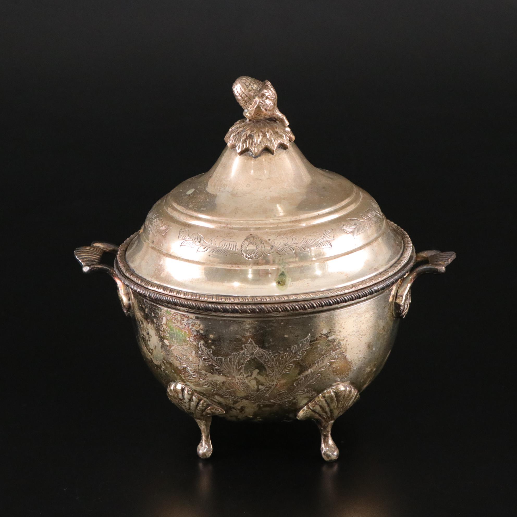 Silver Plate Covered Bowl, Relish Bowl, and Punch Cups