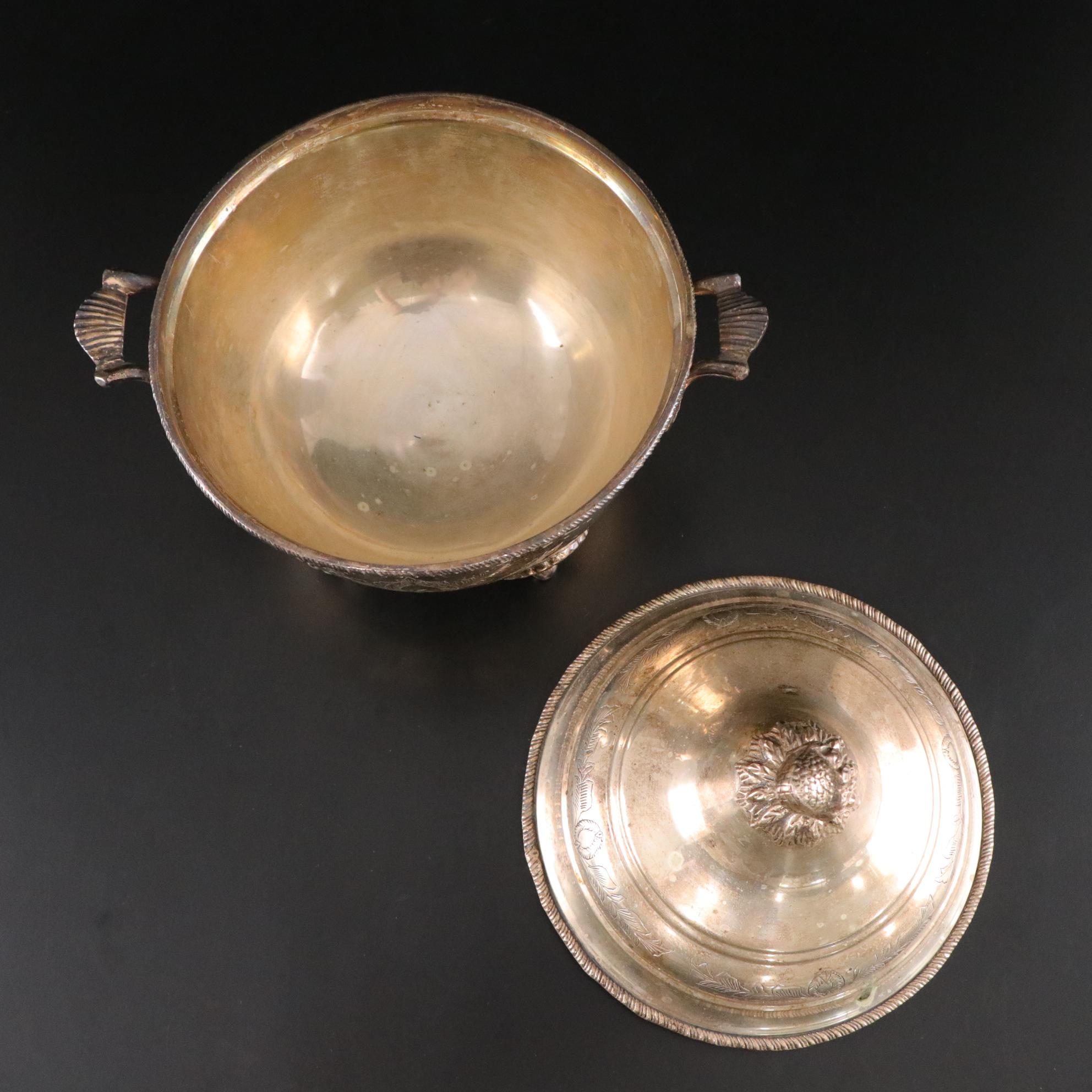 Silver Plate Covered Bowl, Relish Bowl, and Punch Cups