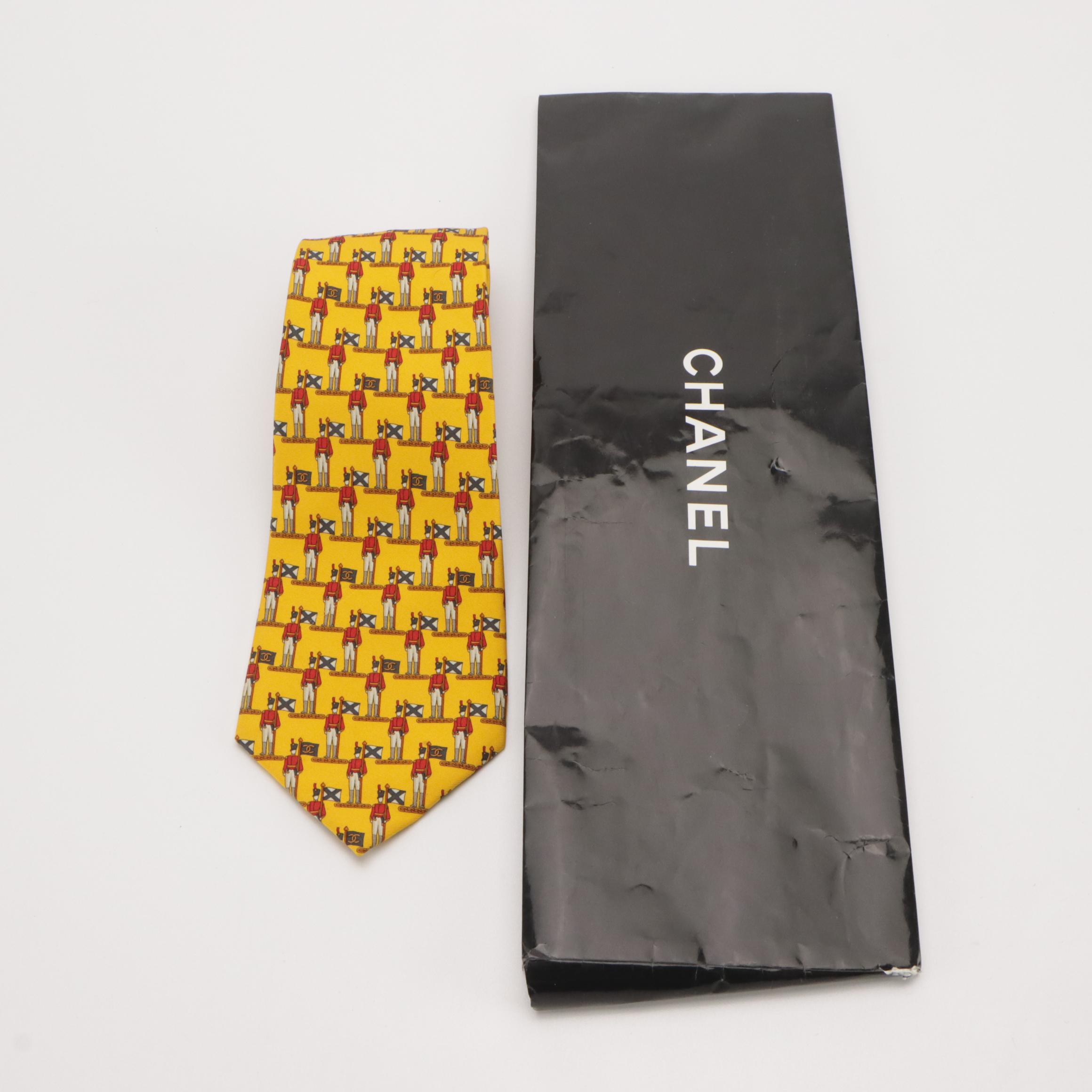 Chanel Soldier Pattern Necktie in Silk Twill with Retail Sleeve