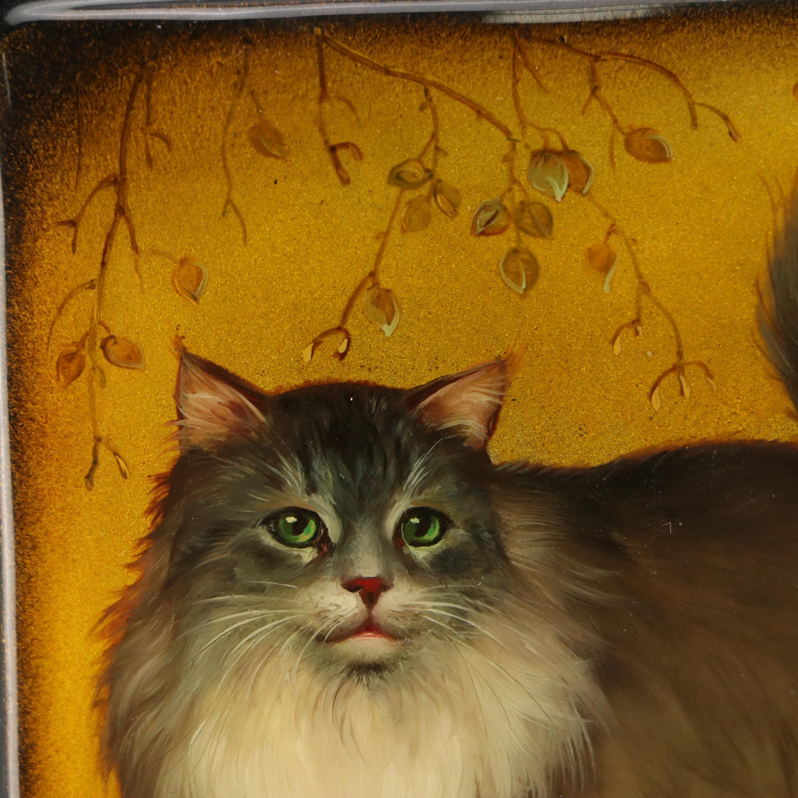 Russian Fedoskino Hand-Painted Cat Portrait Lacquerware Box