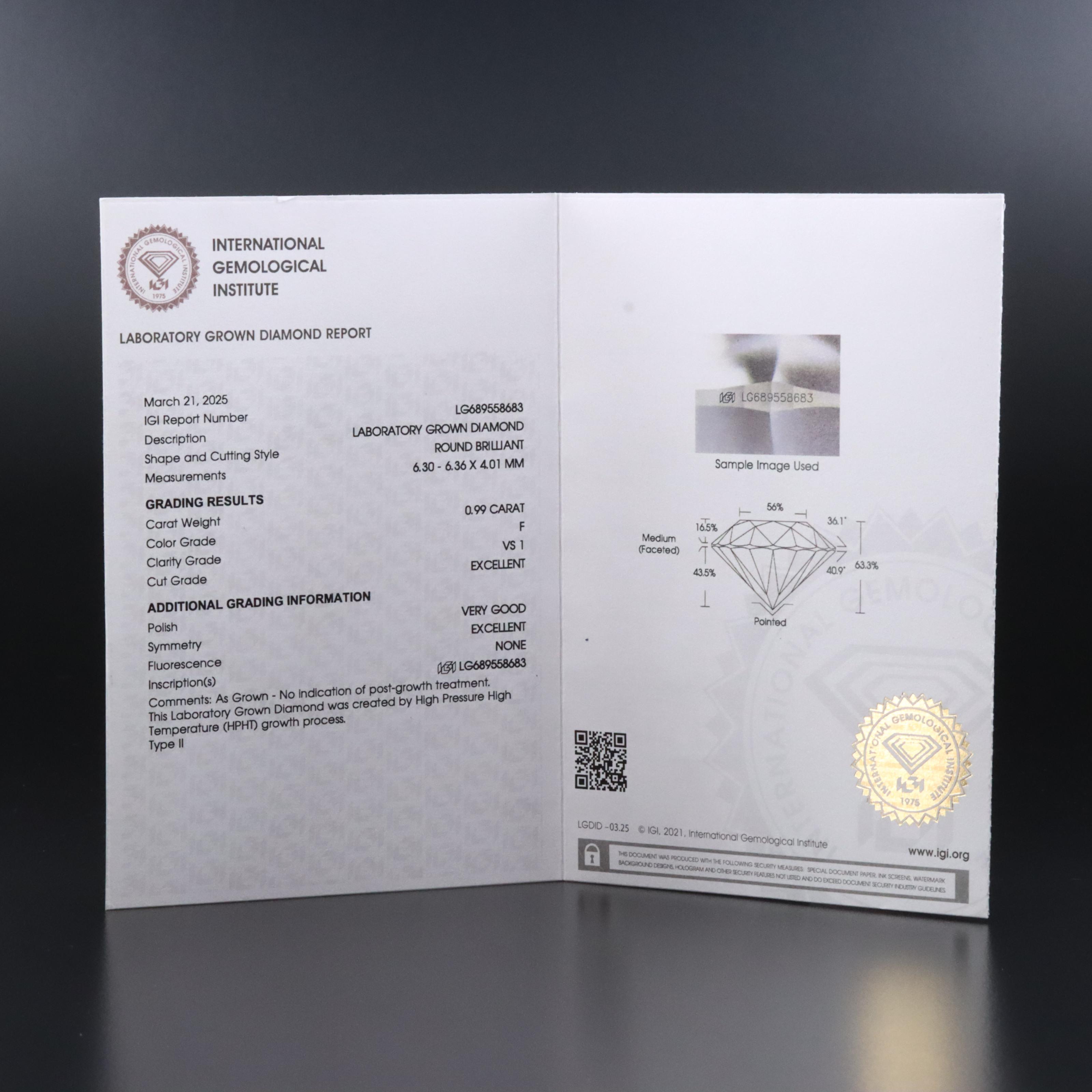 14K 0.99 CT Lab Grown Diamond Solitaire Ring with IGI Report