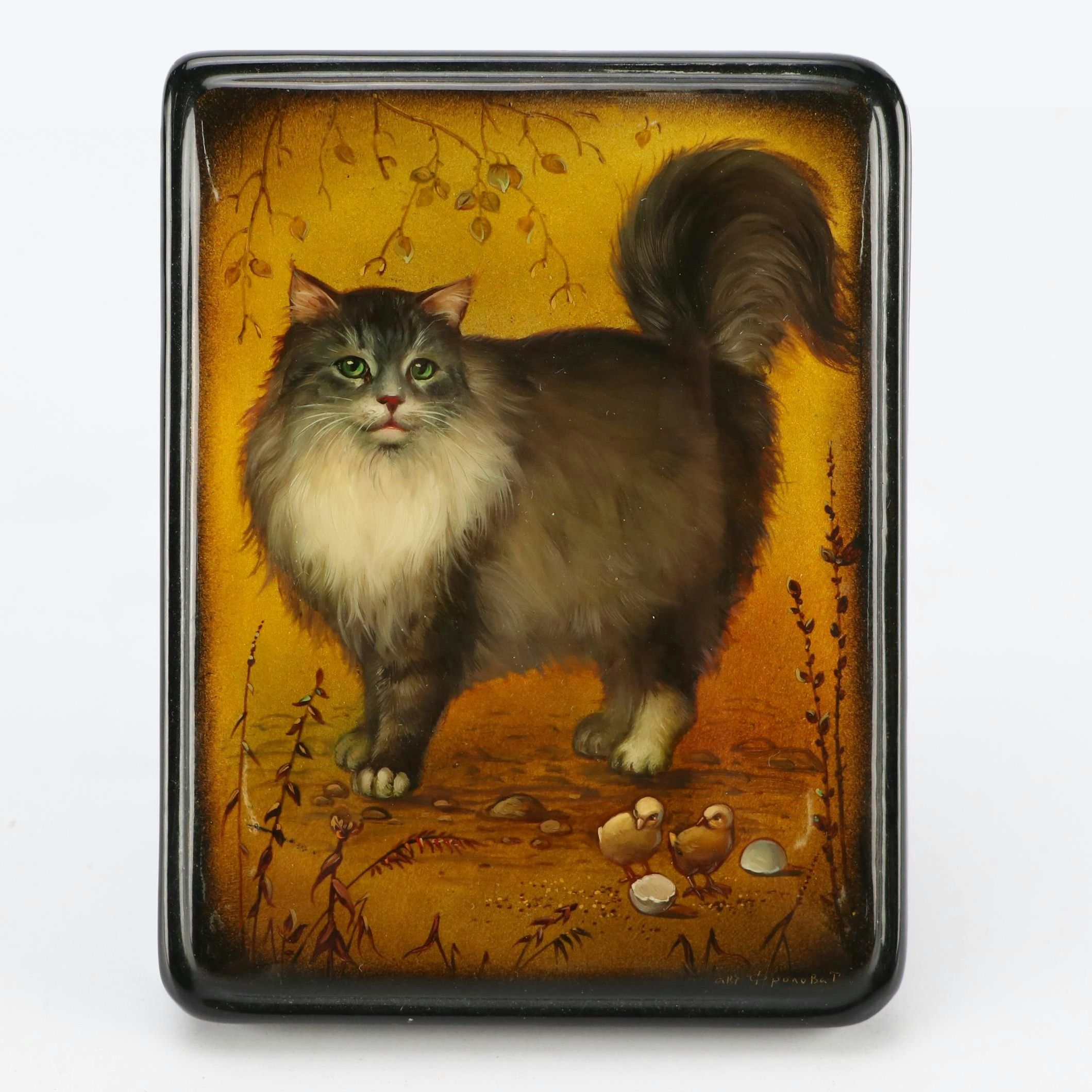 Russian Fedoskino Hand-Painted Cat Portrait Lacquerware Box