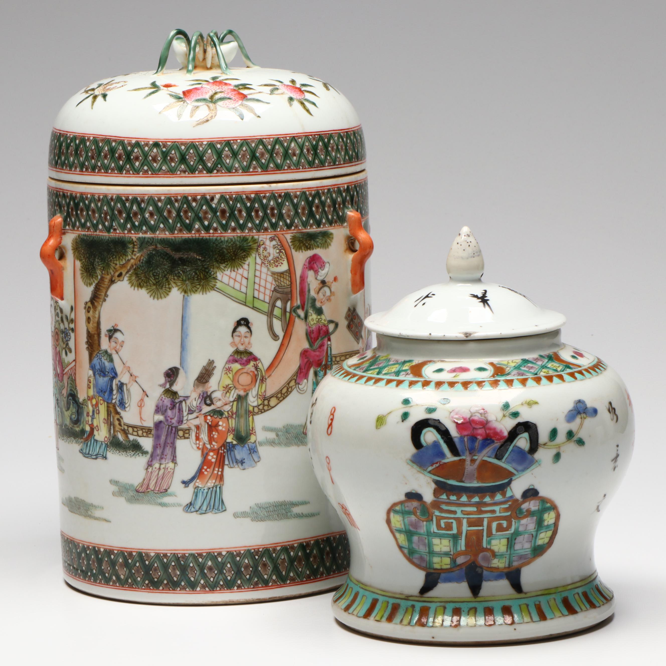 Chinese Export Cricket Handled Tea Canister and Porcelain Ginger Jar