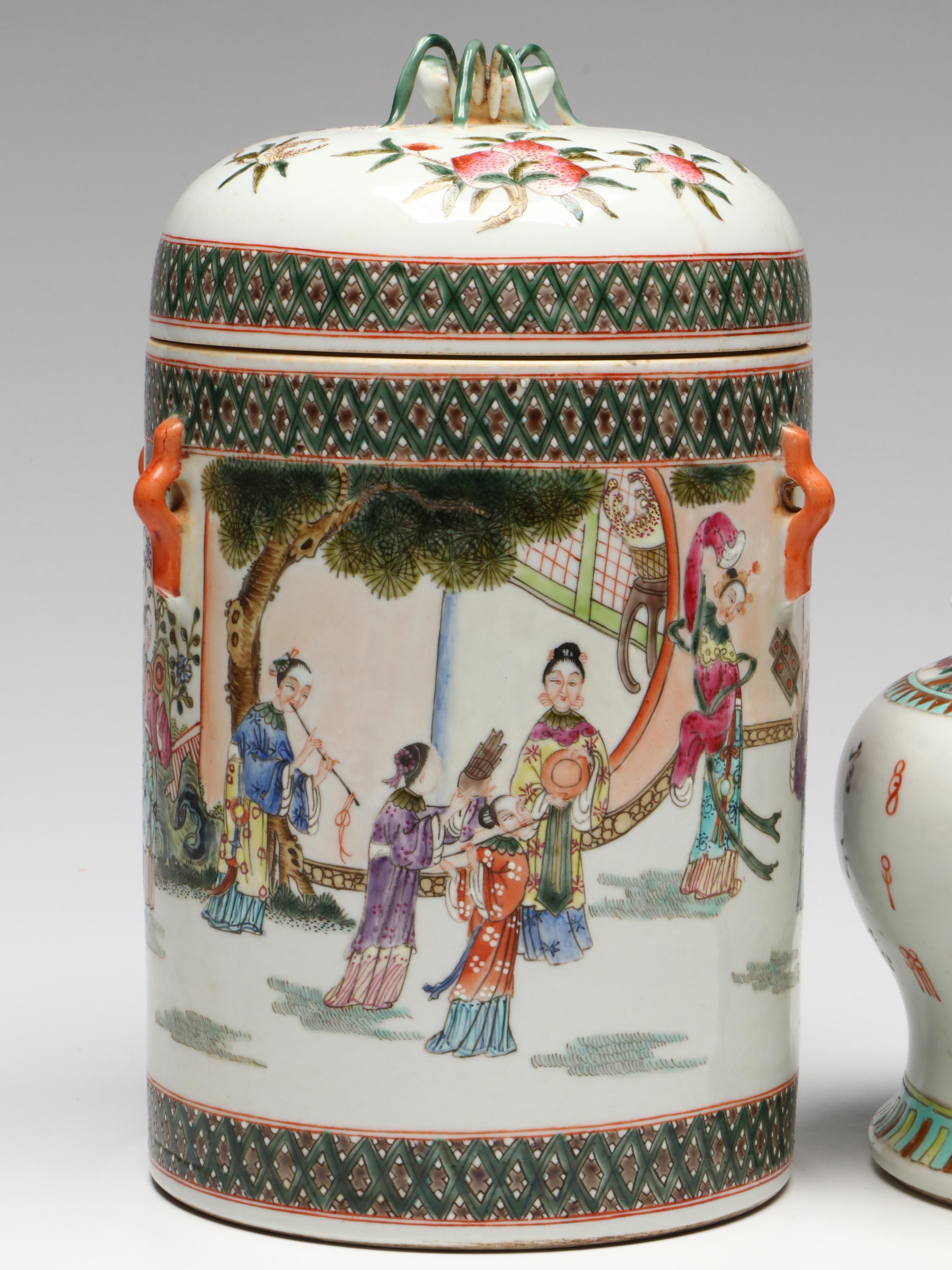 Chinese Export Cricket Handled Tea Canister and Porcelain Ginger Jar
