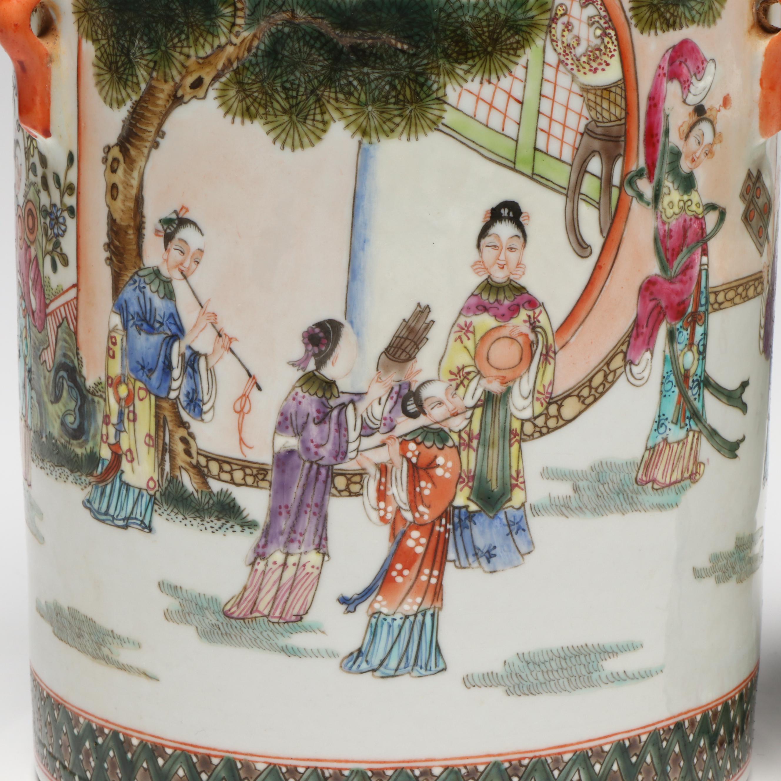 Chinese Export Cricket Handled Tea Canister and Porcelain Ginger Jar