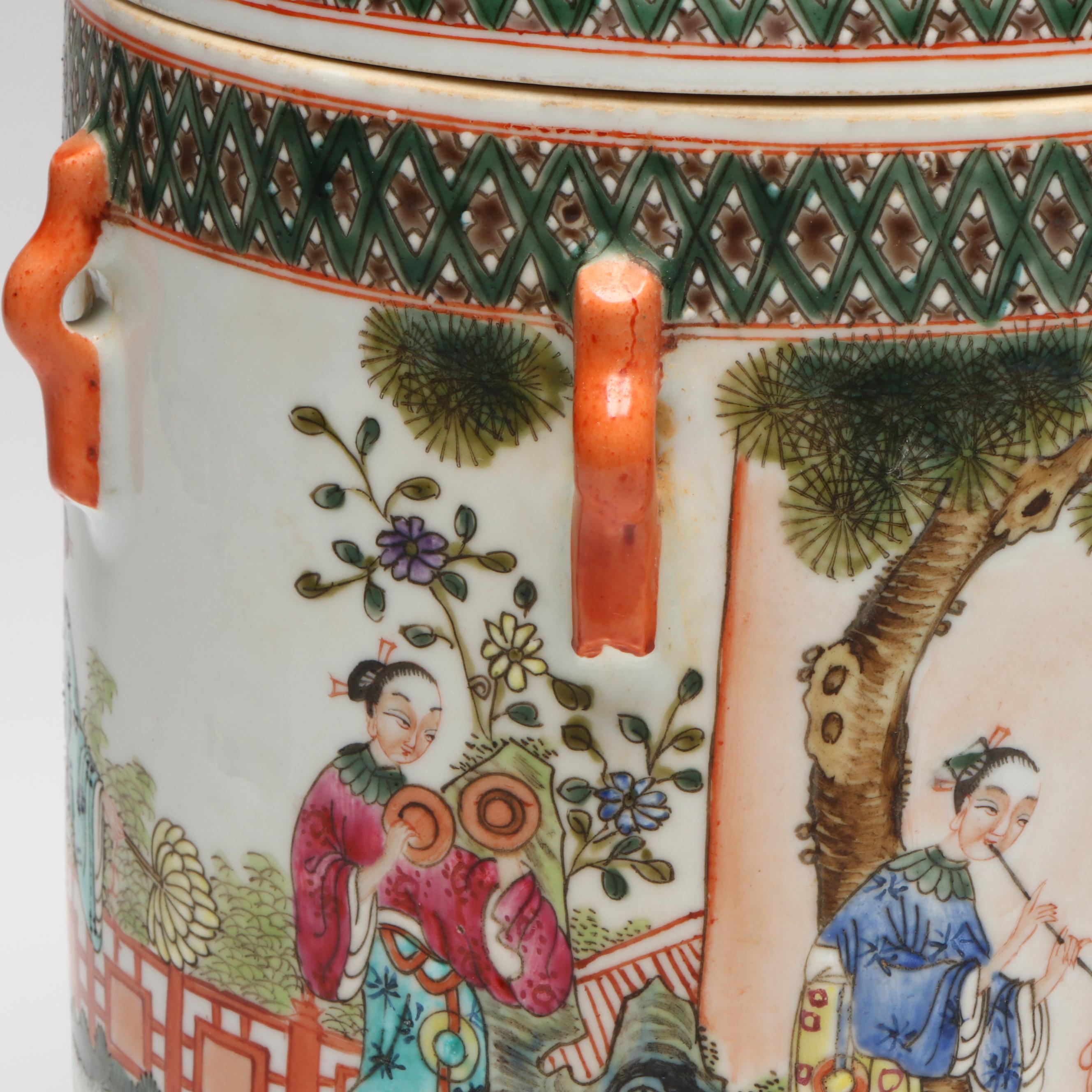 Chinese Export Cricket Handled Tea Canister and Porcelain Ginger Jar
