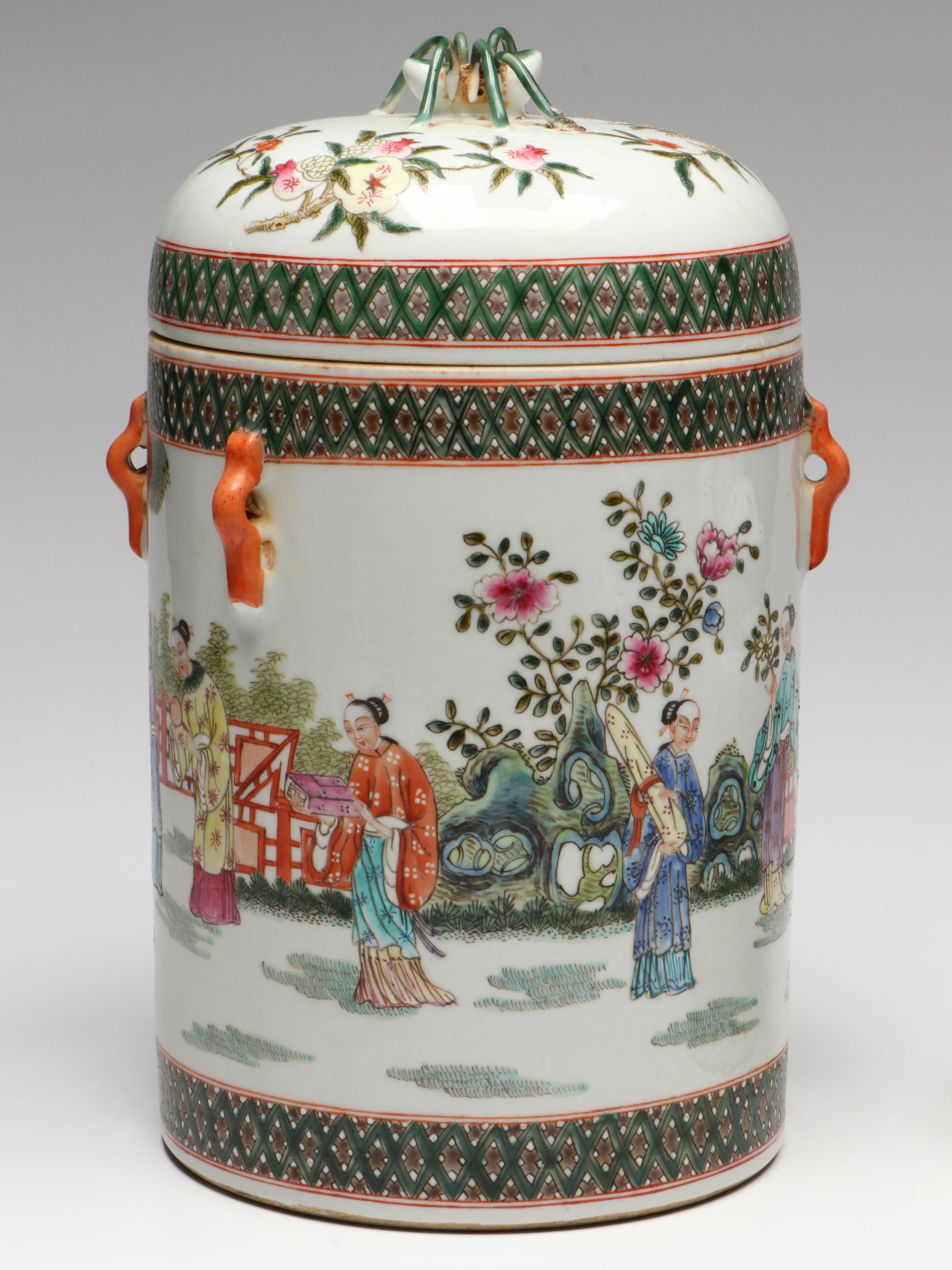Chinese Export Cricket Handled Tea Canister and Porcelain Ginger Jar