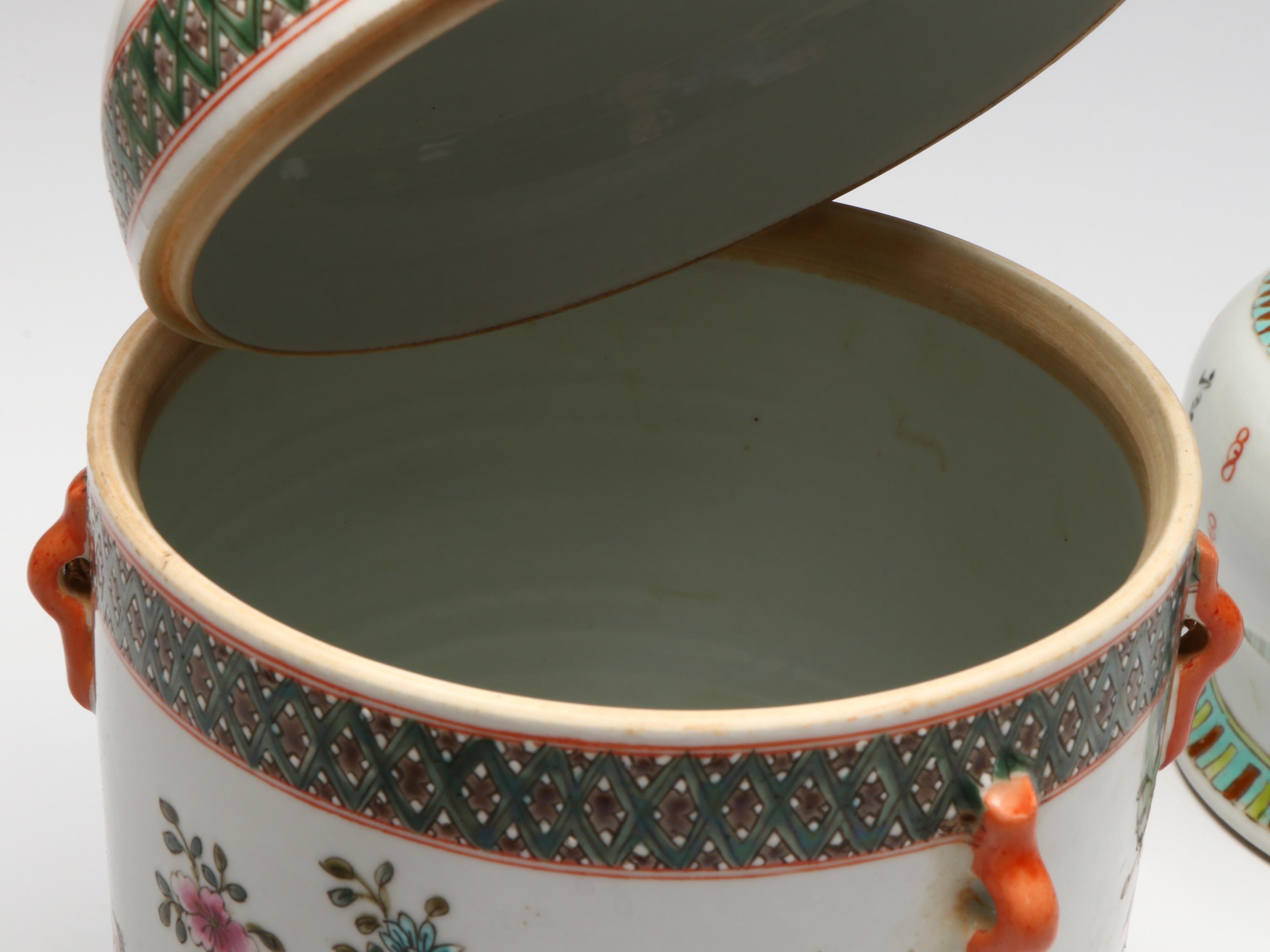 Chinese Export Cricket Handled Tea Canister and Porcelain Ginger Jar