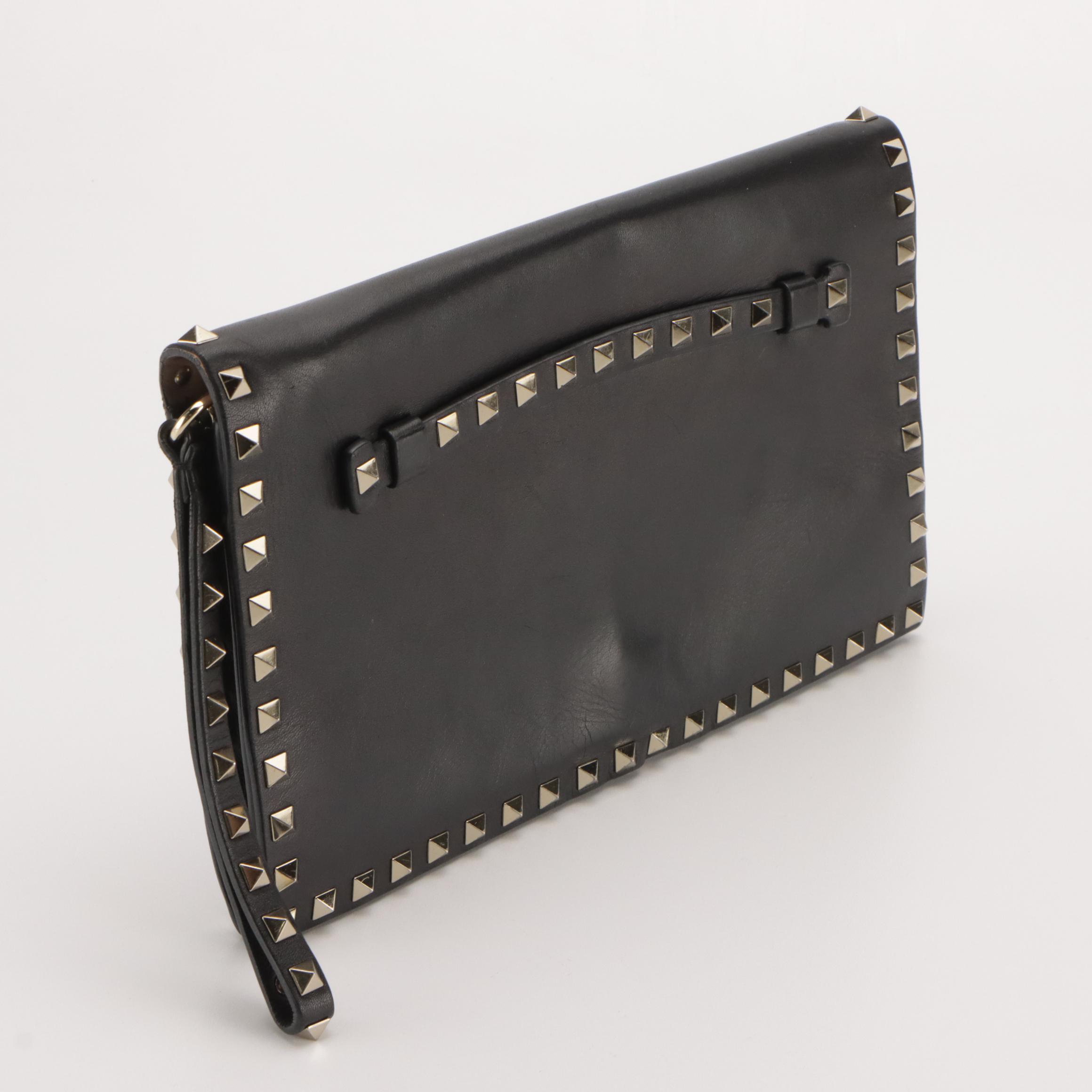 Valentino Garavani Rockstud Front Flap Clutch in Studded Black Lambskin Leather