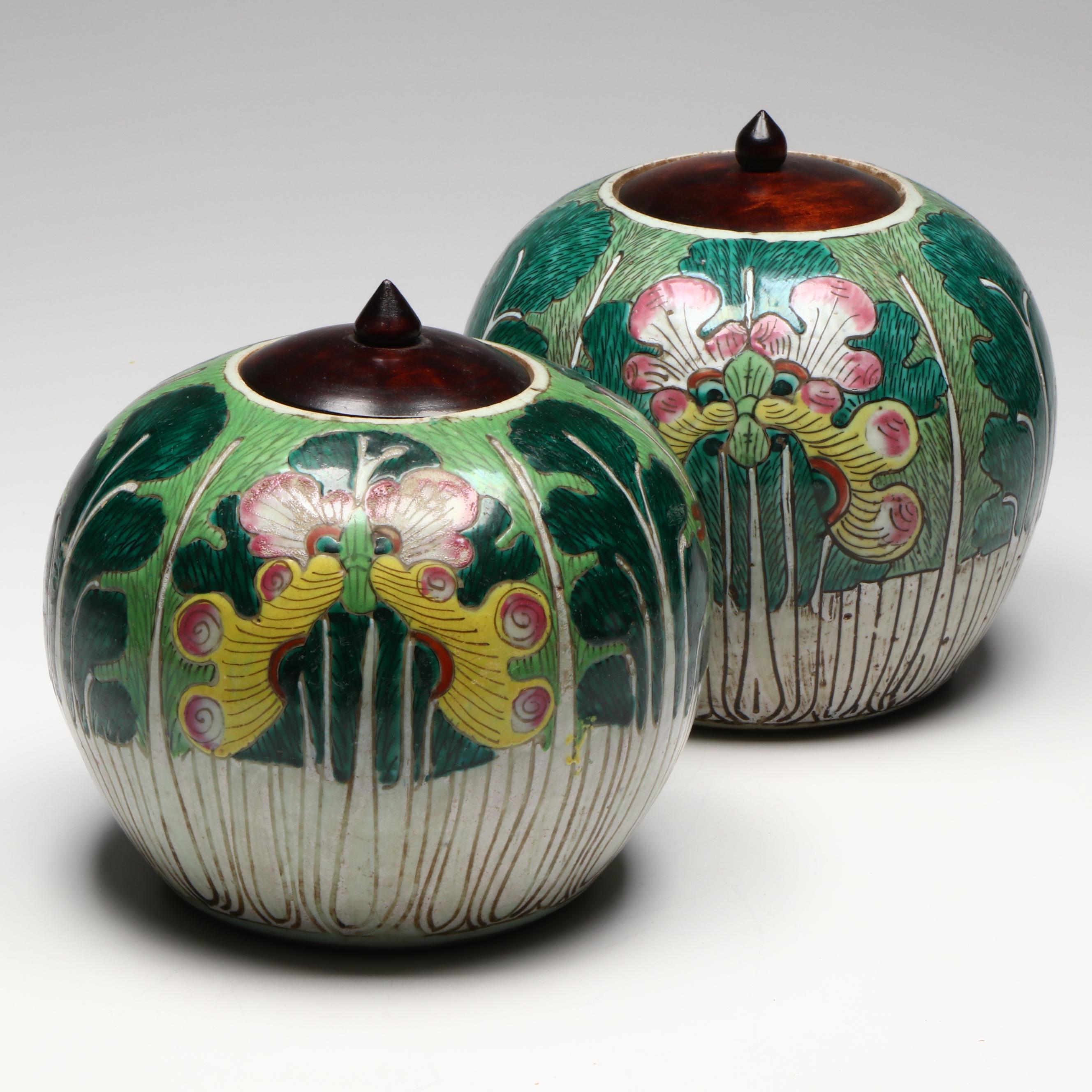 Chinese Butterfly and Cabbage Leaf Porcelain Melon Jars